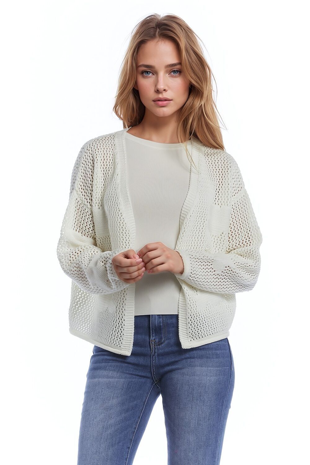 Cardigan all'uncinetto con nuvole lavorate a maglia in bianco