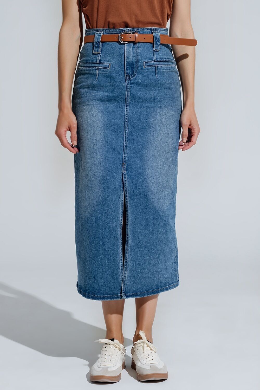 Gonna midi in denim blu con spacco frontale