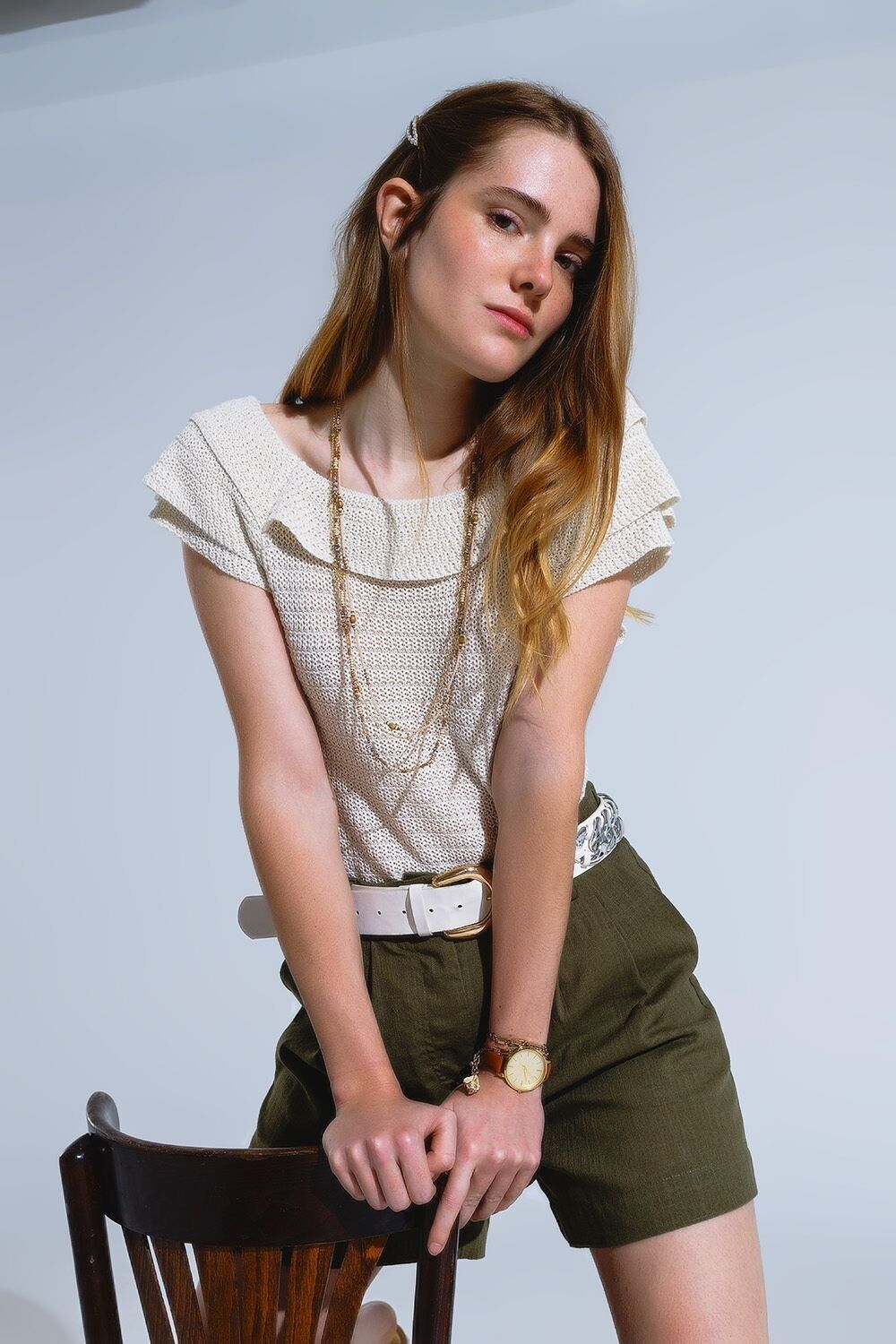 Cream Croched Short Sleeve Sweater With Boat Neck