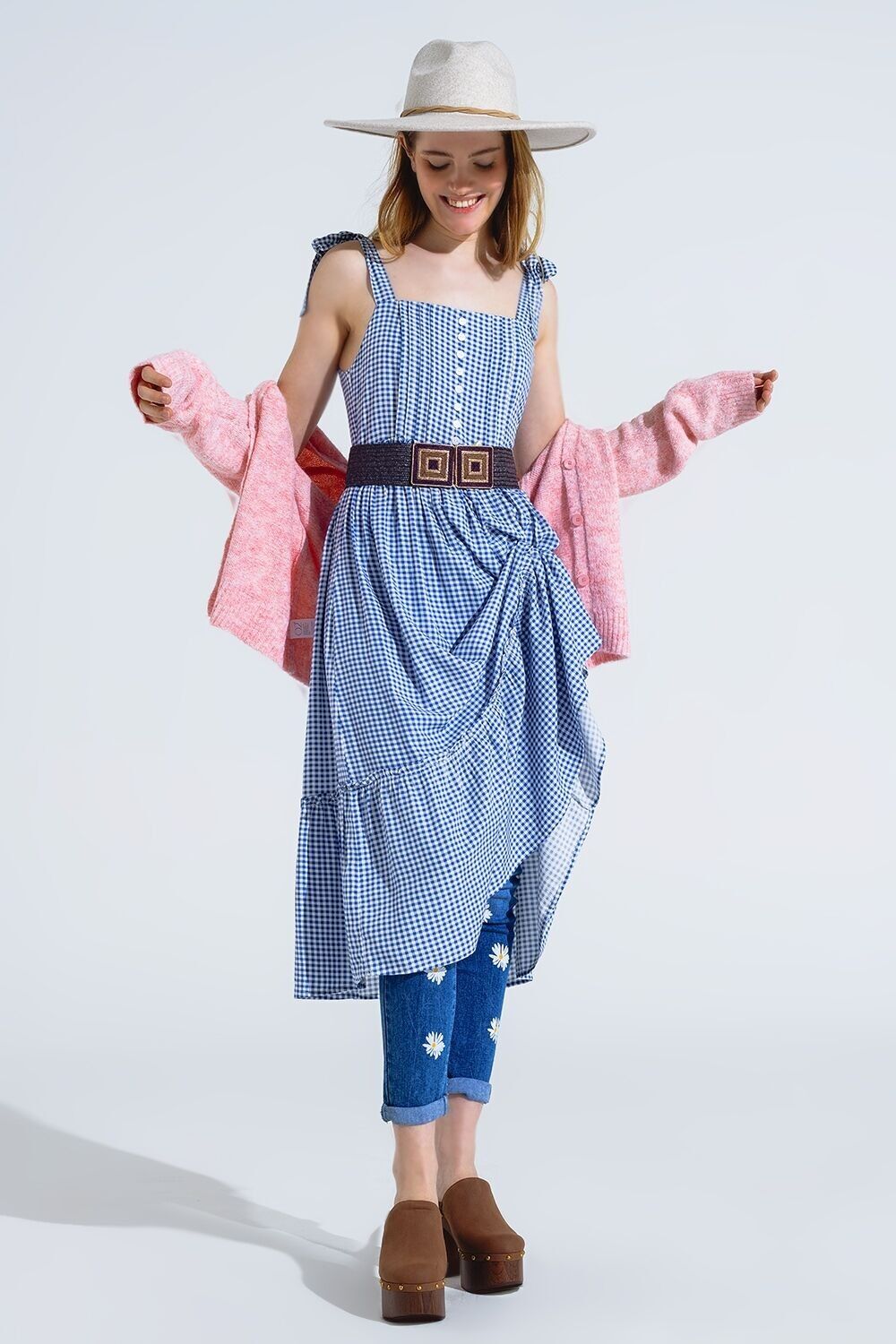 Blau-weißes Gingham-A-Linien-Kleid mit verstellbaren Trägern