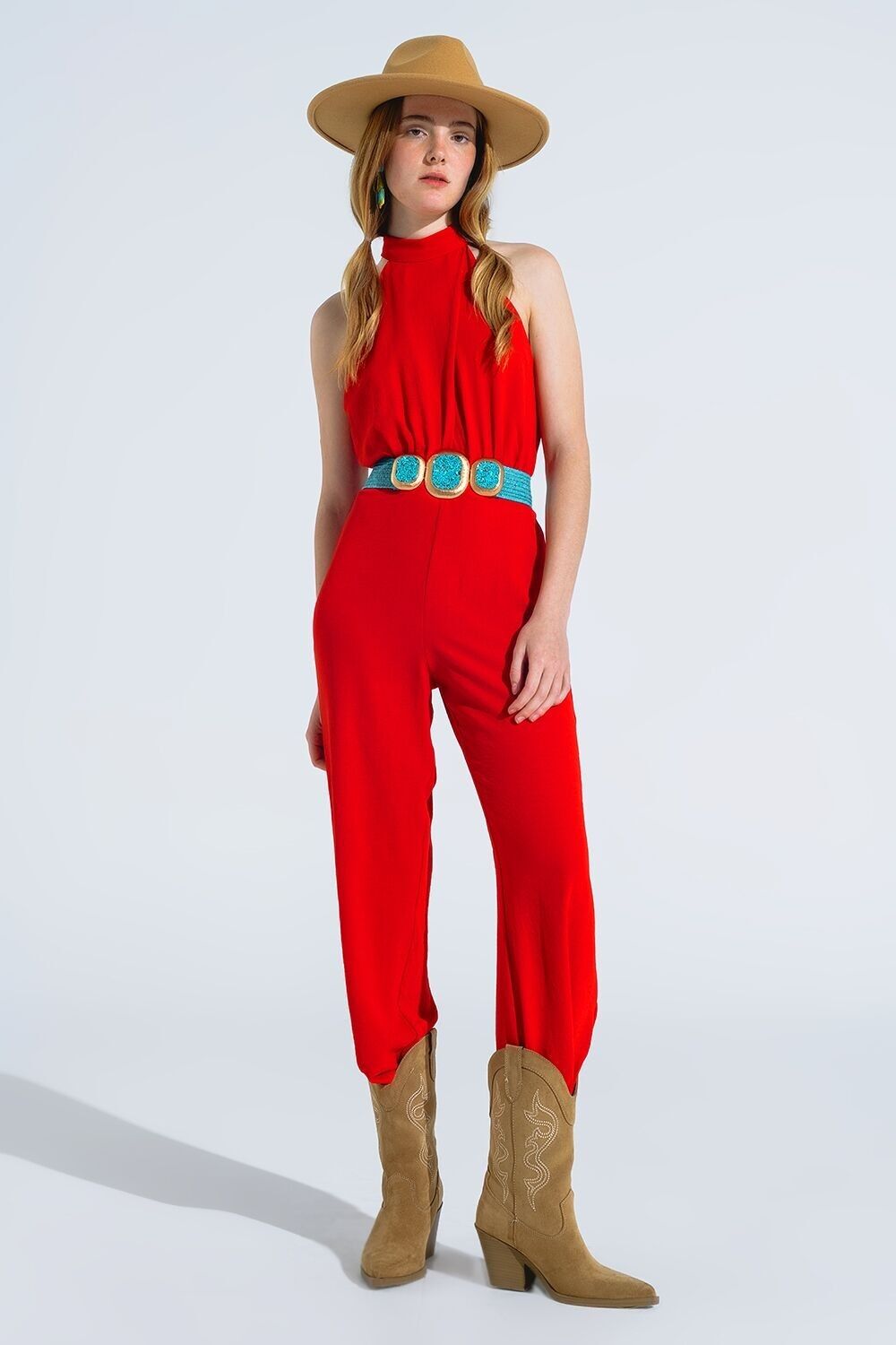 Roter Jumpsuit mit gekreuztem Neckholder-Ausschnitt