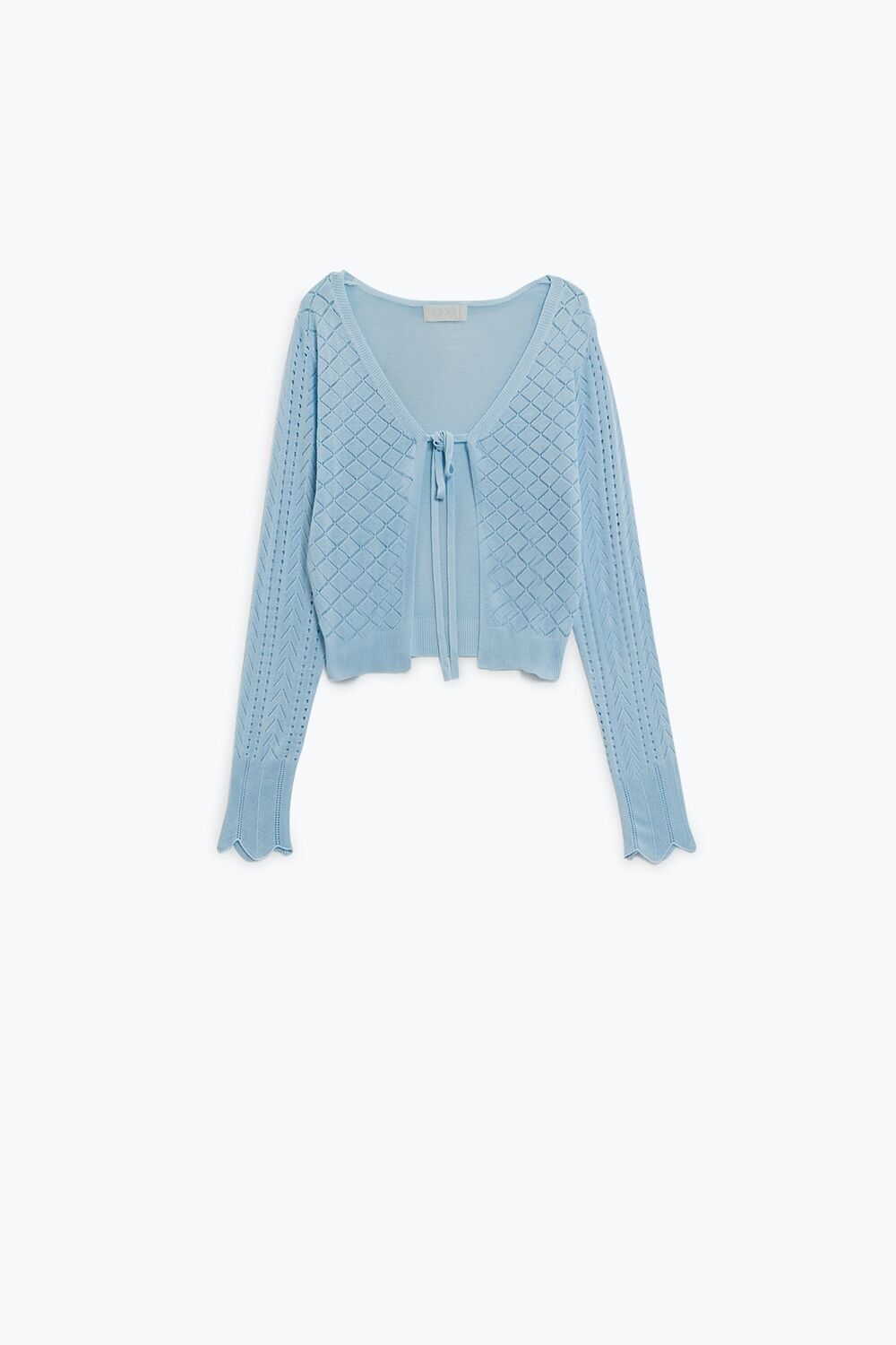 Cardigan azzurro con stampa a rombi e chiusura a fiocco