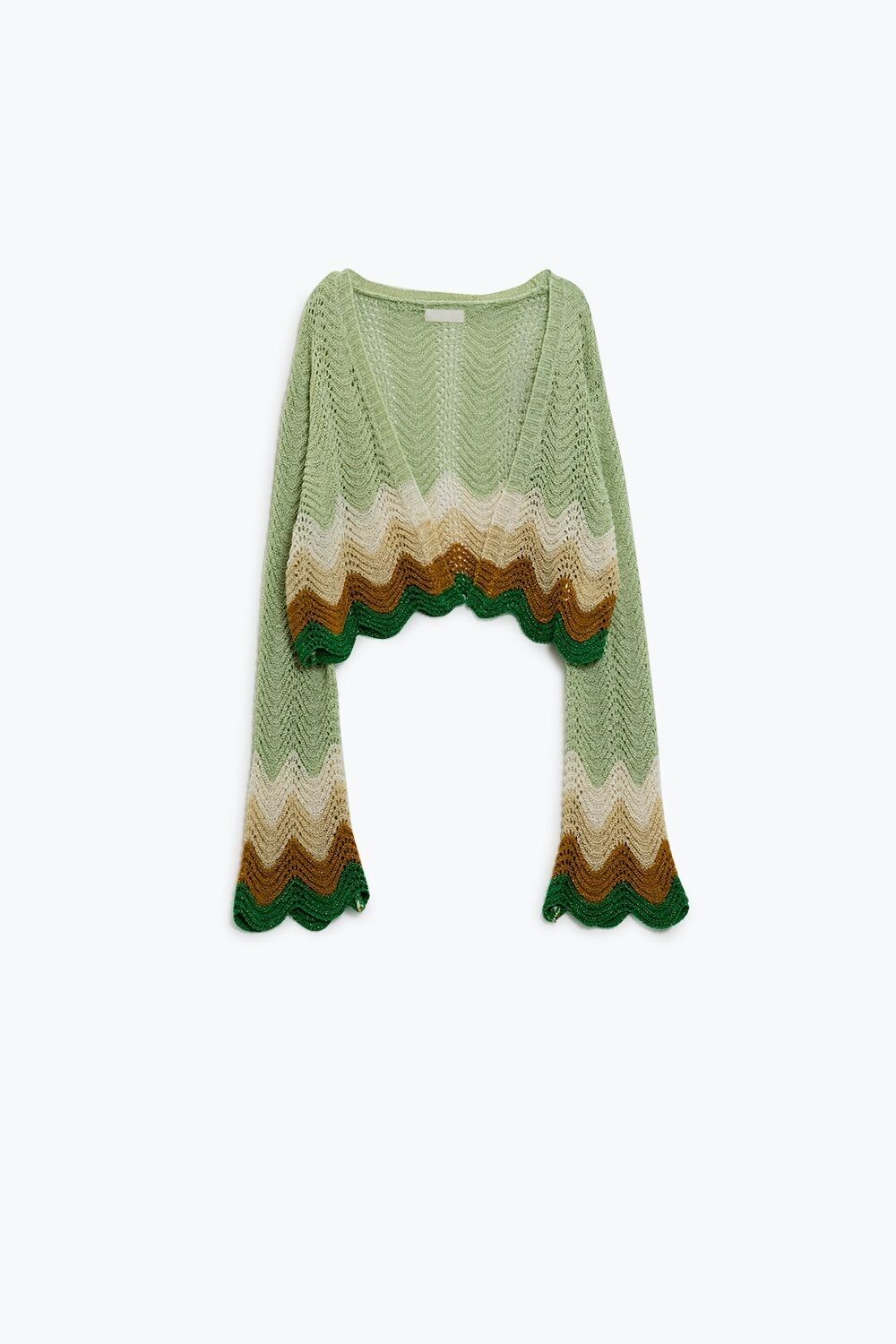 Cardigan corto in maglia con maniche ad angelo e dettaglio multicolore a onda in verde