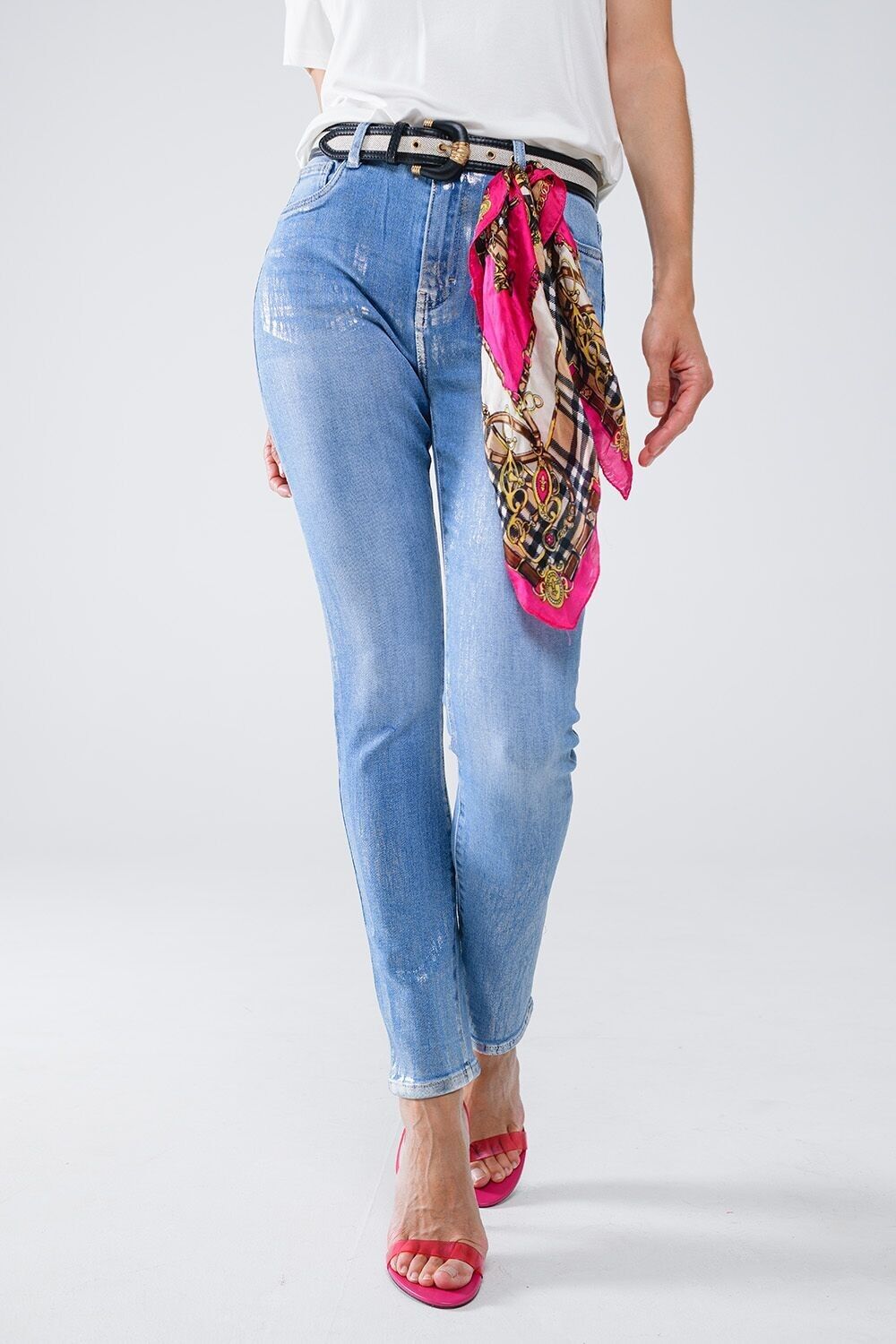 Jeans denim super skinny con effetto metallizzato