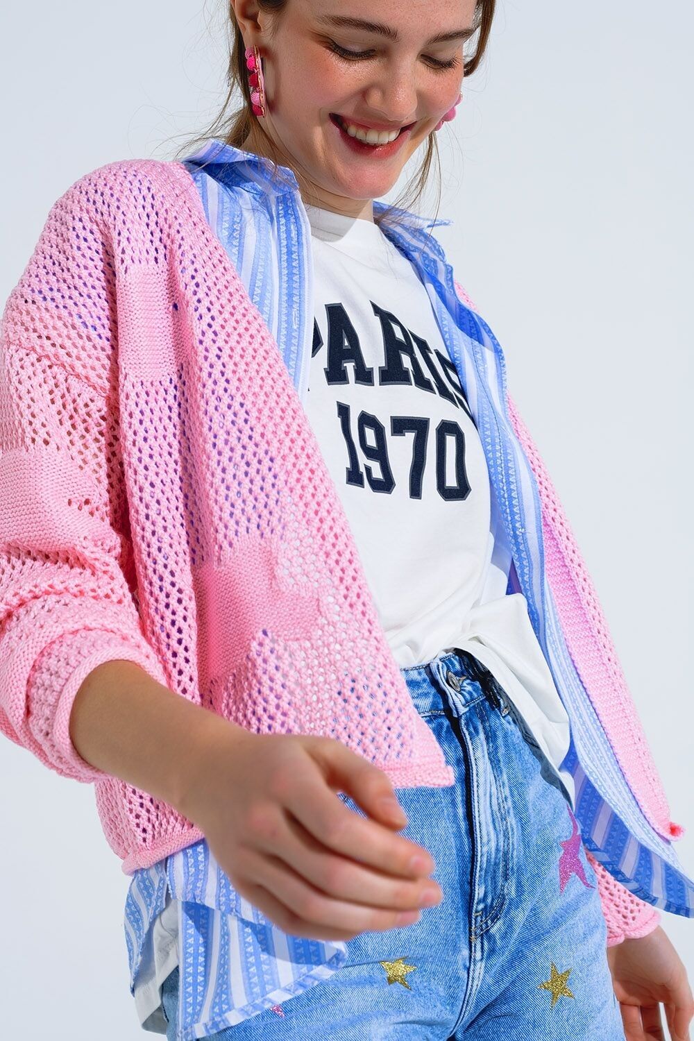 Cardigan all'uncinetto con nuvole lavorate a maglia in rosa