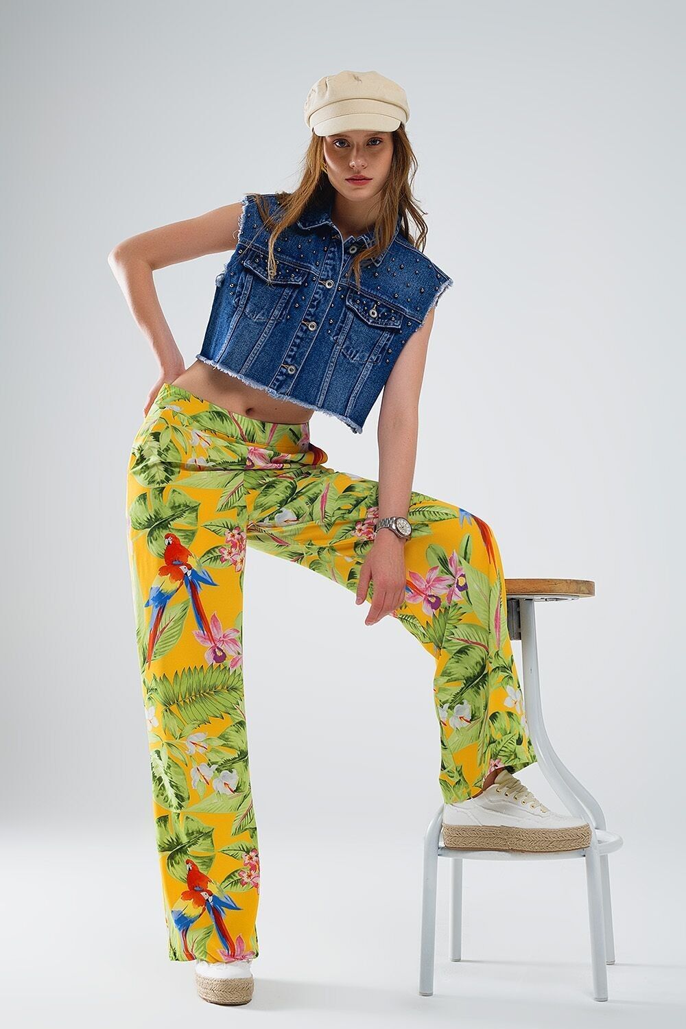 Pantaloni Gialli con Stampa Tropicale con Zip Laterale