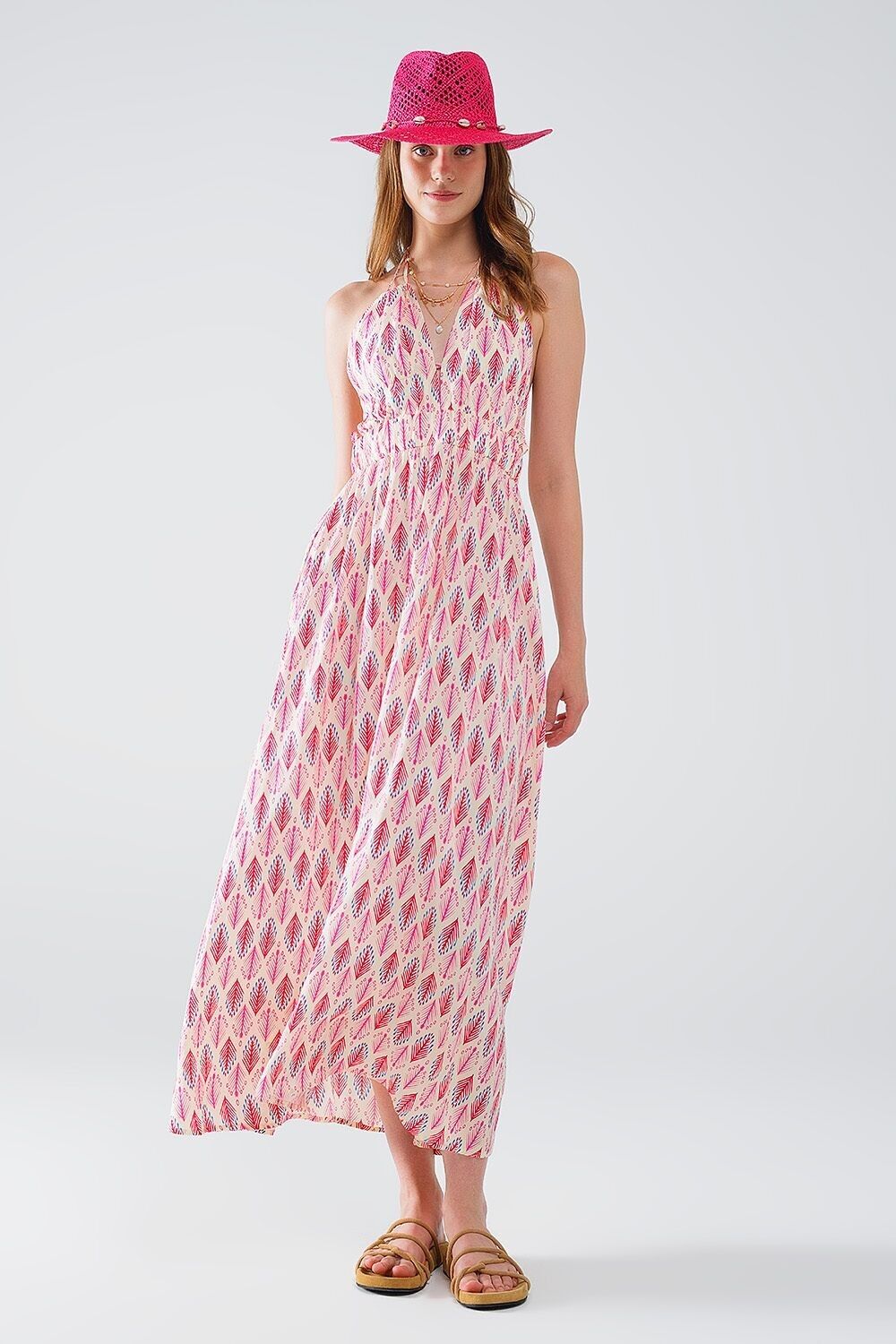 Maxi-Sommerkleid mit Federprint und offenem Rücken in Pink