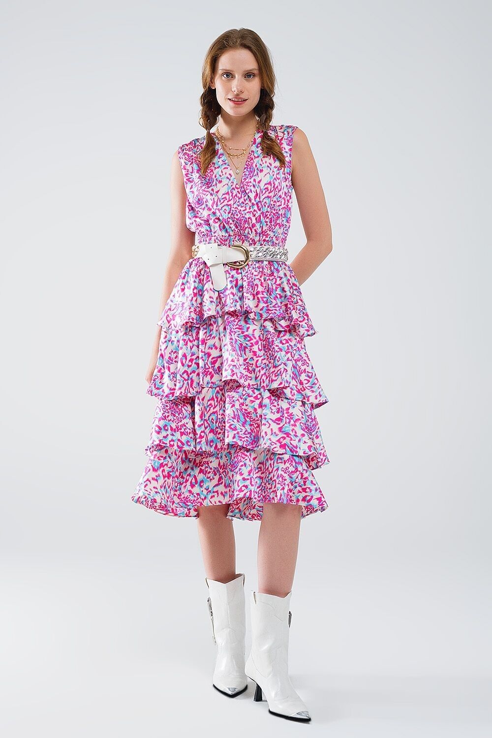 Abito medio a portafoglio con gonna a strati con stampa animalier multicolor