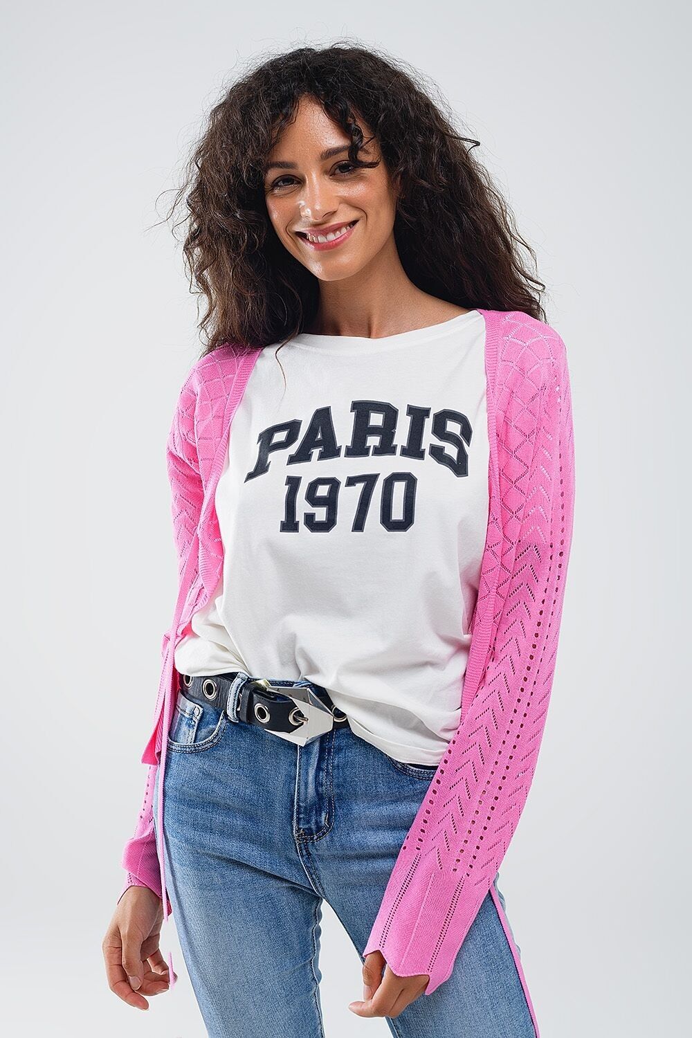 Cardigan rosa con stampa a rombi e chiusura a cravatta