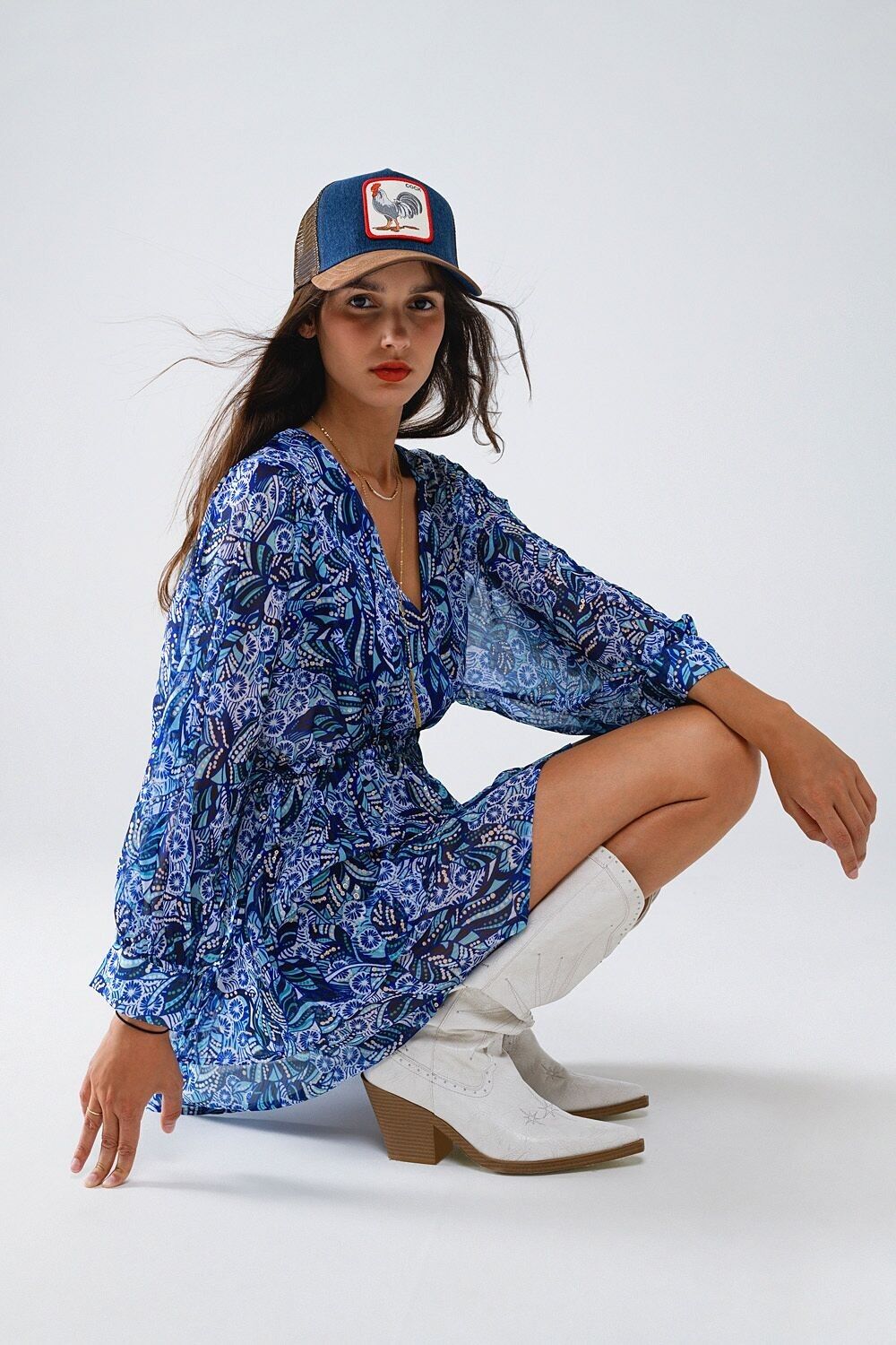 Abito corto con stampa astratta blu e vita regolabile