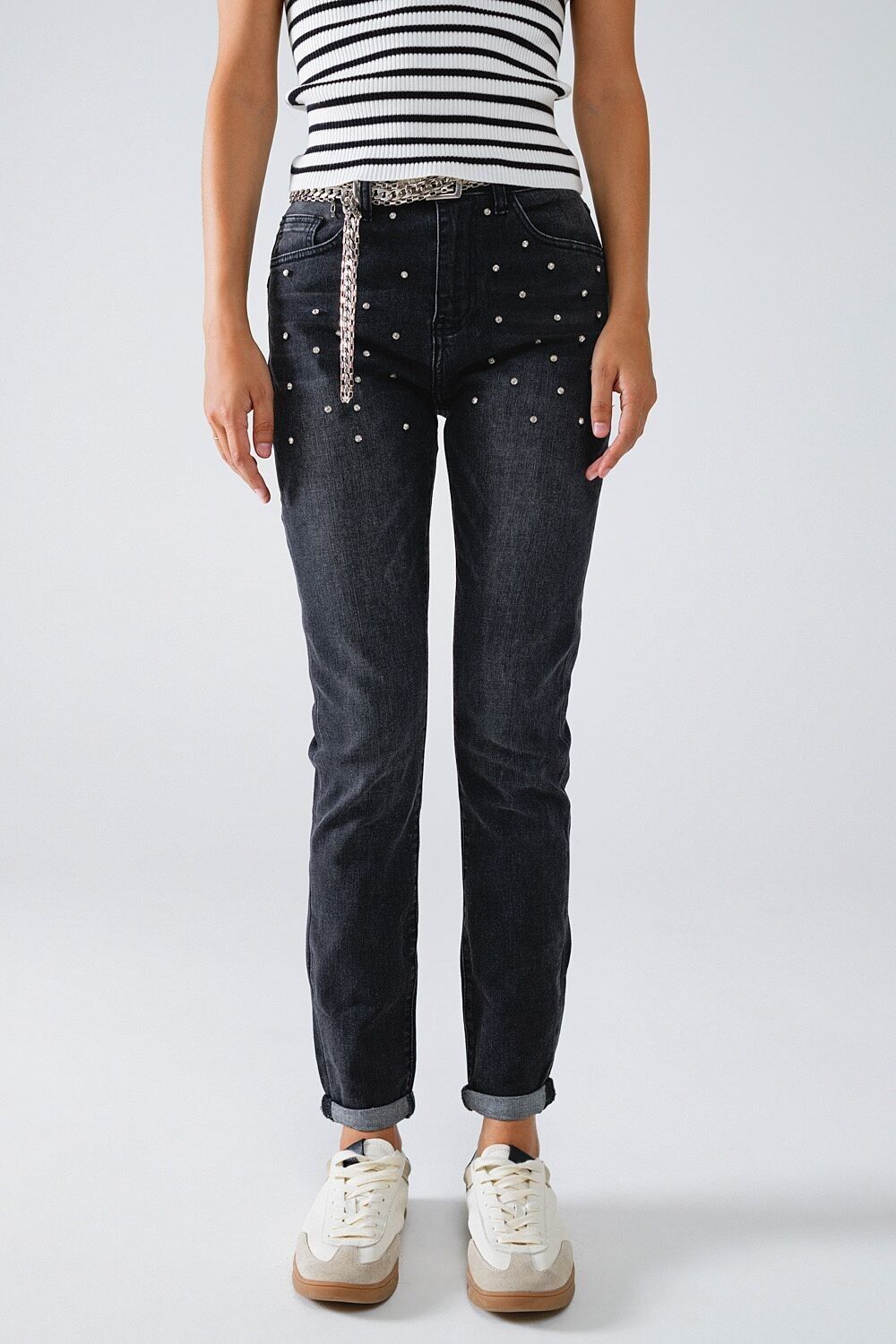 Jeans skinny neri con strass
