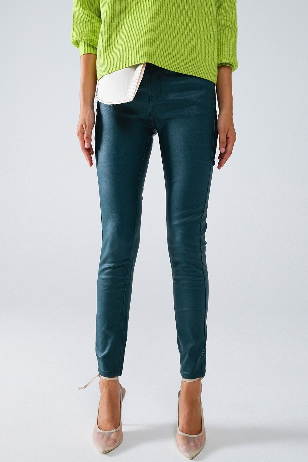 Pantaloni super skinny in similpelle verde scuro
