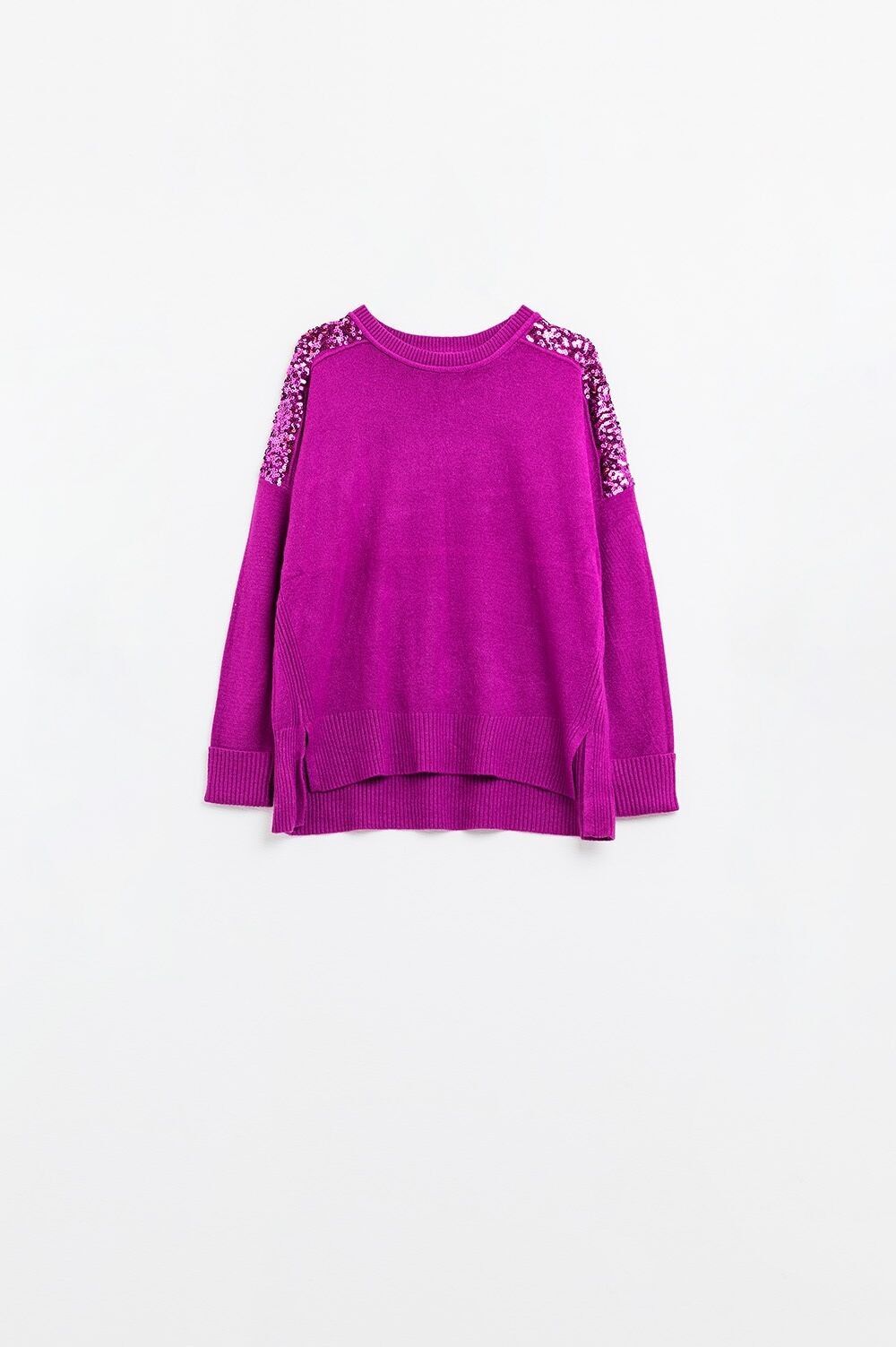 Maglione fucsia a maniche lunghe con paillettes sulle spalle