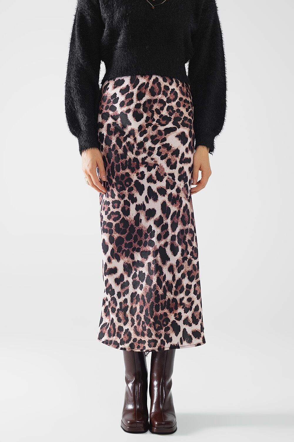 Falda midi acampanada de talle medio con estampado de leopardo