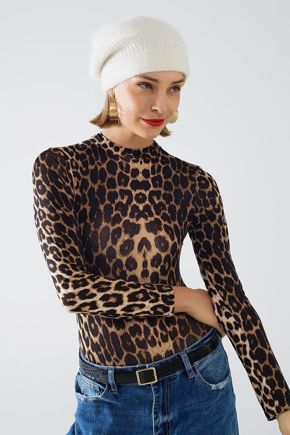 Body in spandex con stampa leopardata e manica lunga