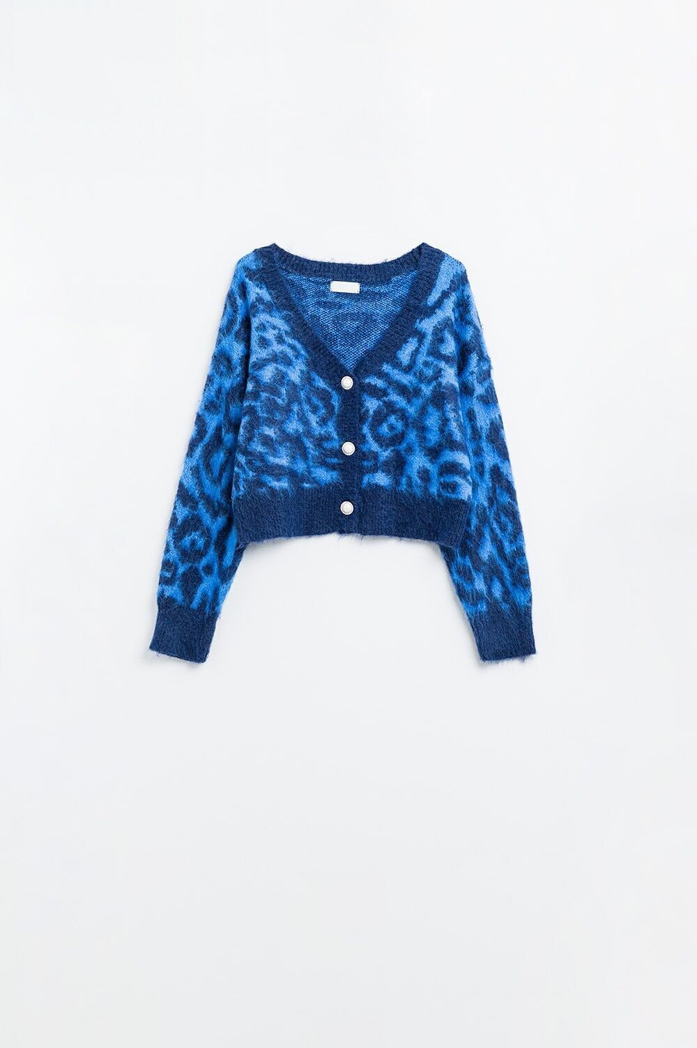 cardigan blu leopardato in tessuto lavorato a maglia con lana