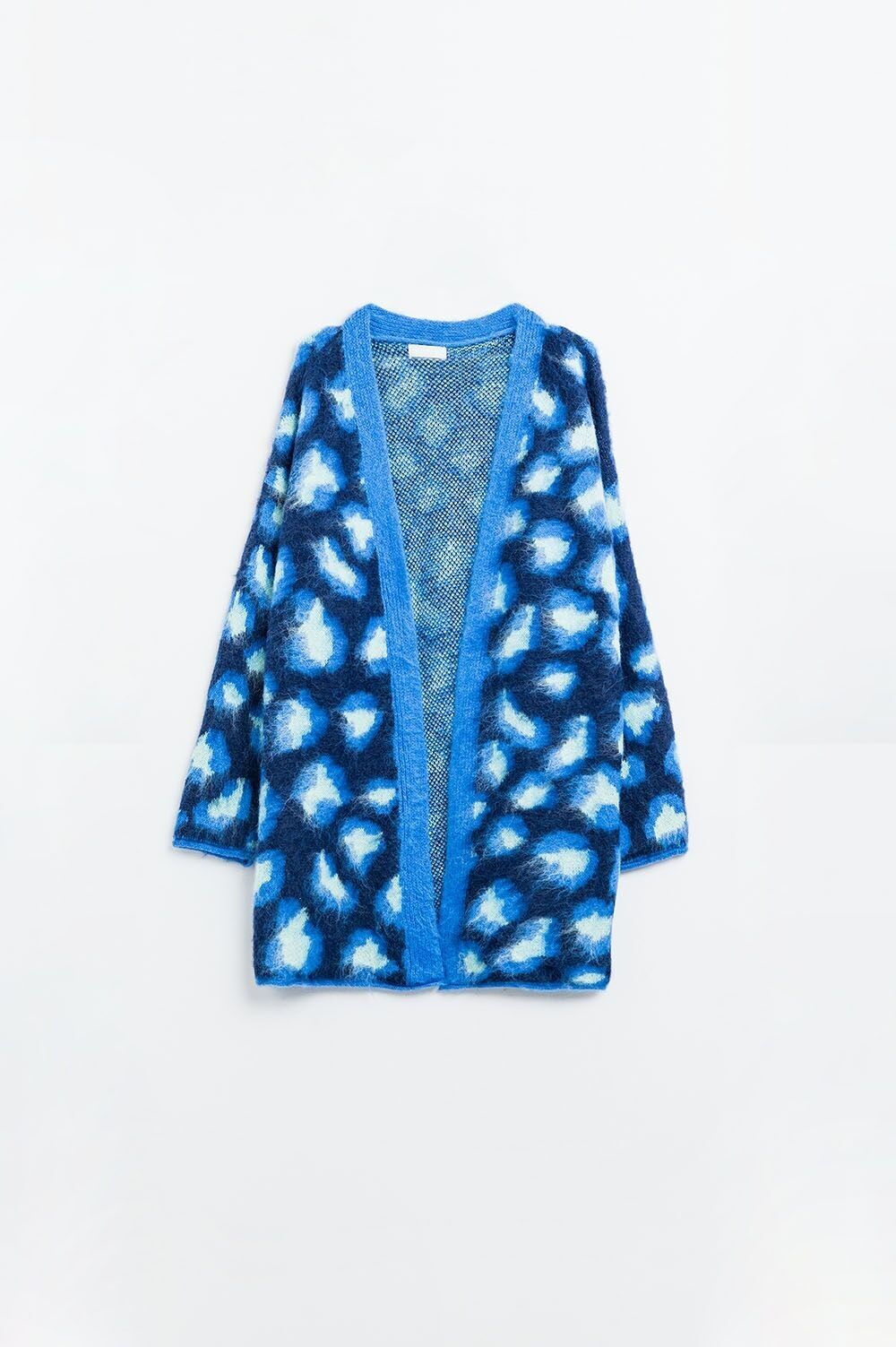 Cardigan con stampa leopardata blu e lana
