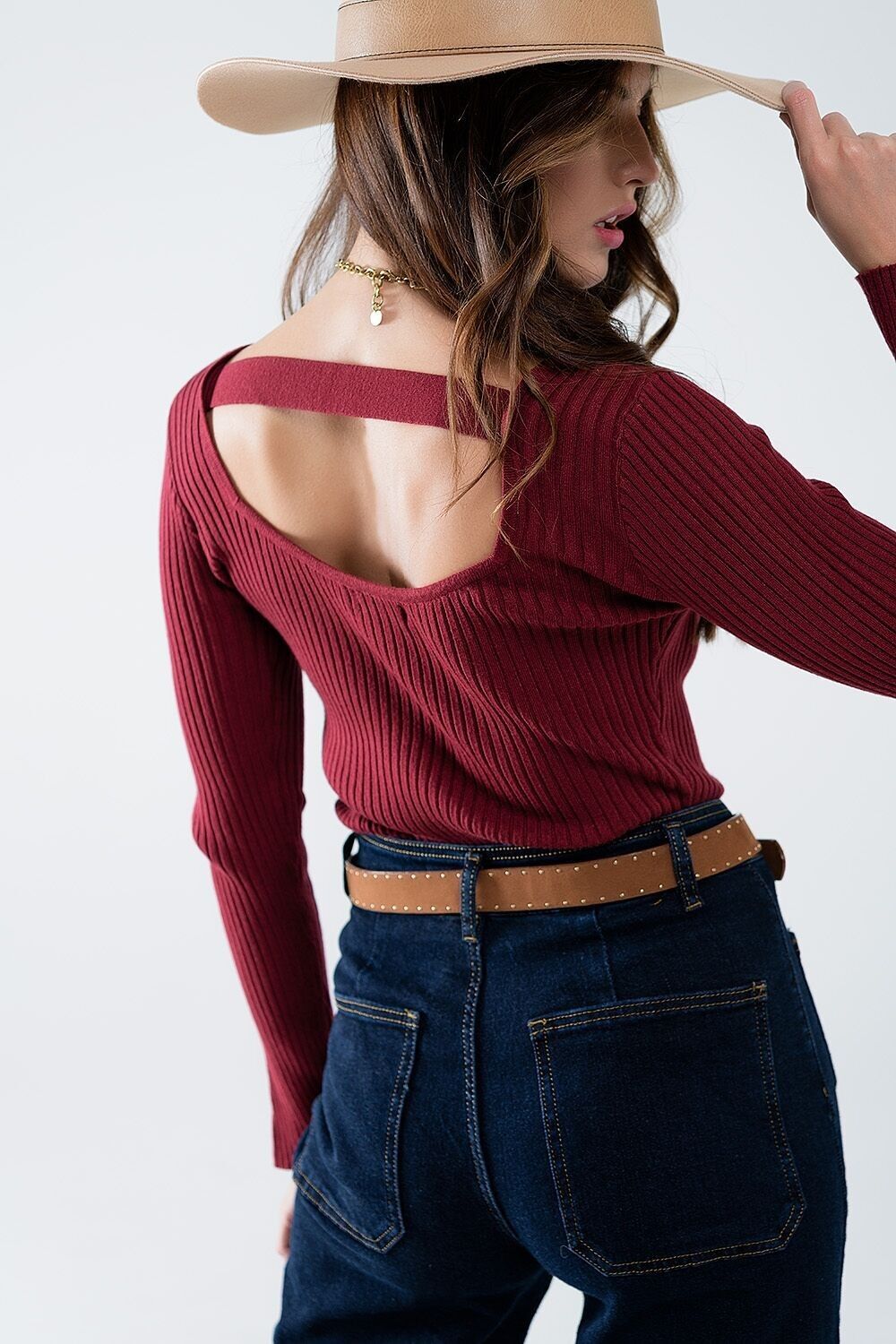 open back burgundy ribbed sweater