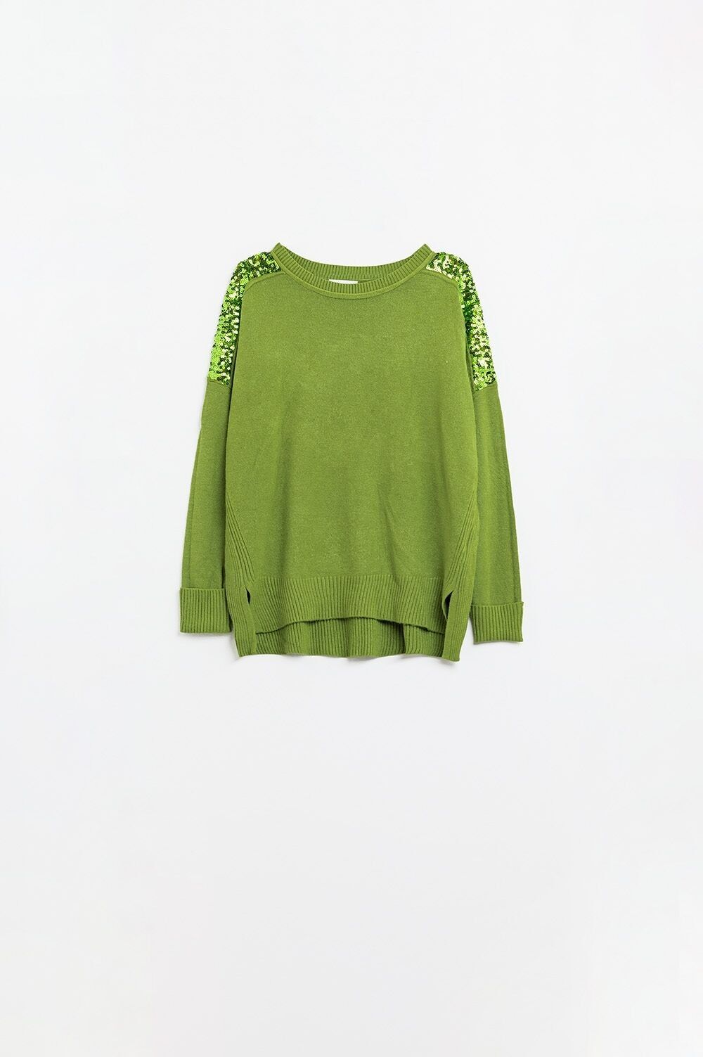 Grüner Langarmpullover mit Pailletten auf den Schultern
