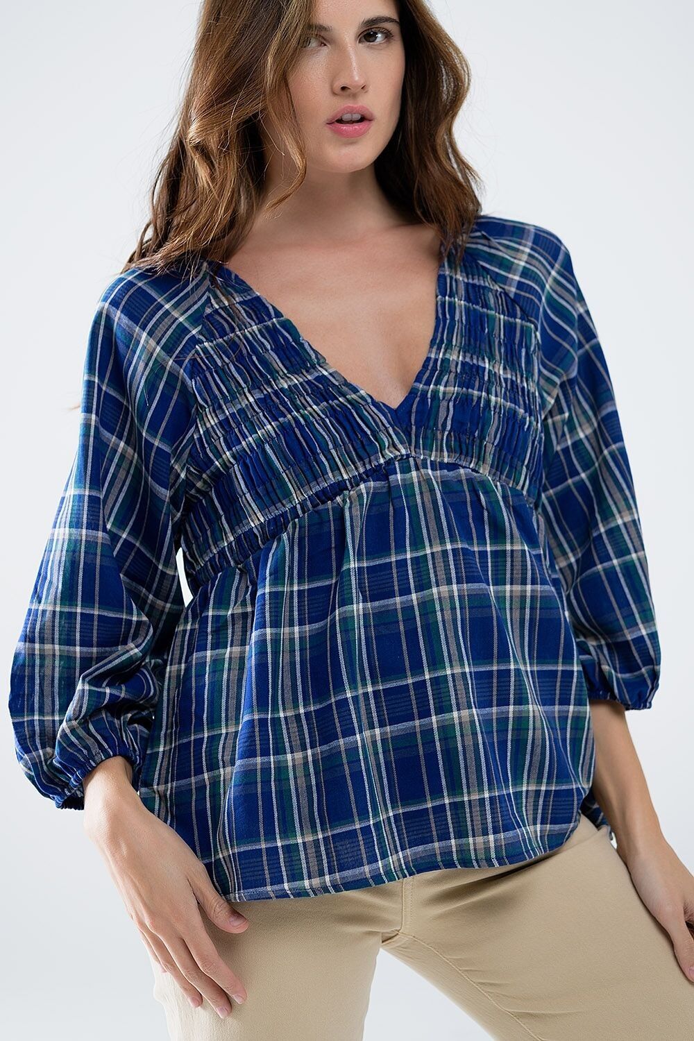 Camicia Babydoll a quadri blu e verde