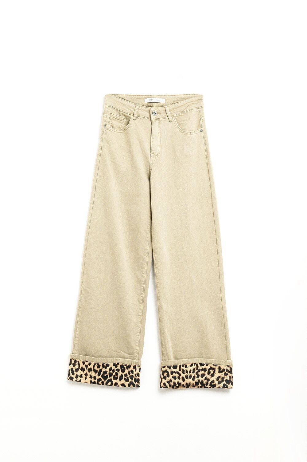 Pantaloni beige a gamba larga con stampa leopardata sul fondo