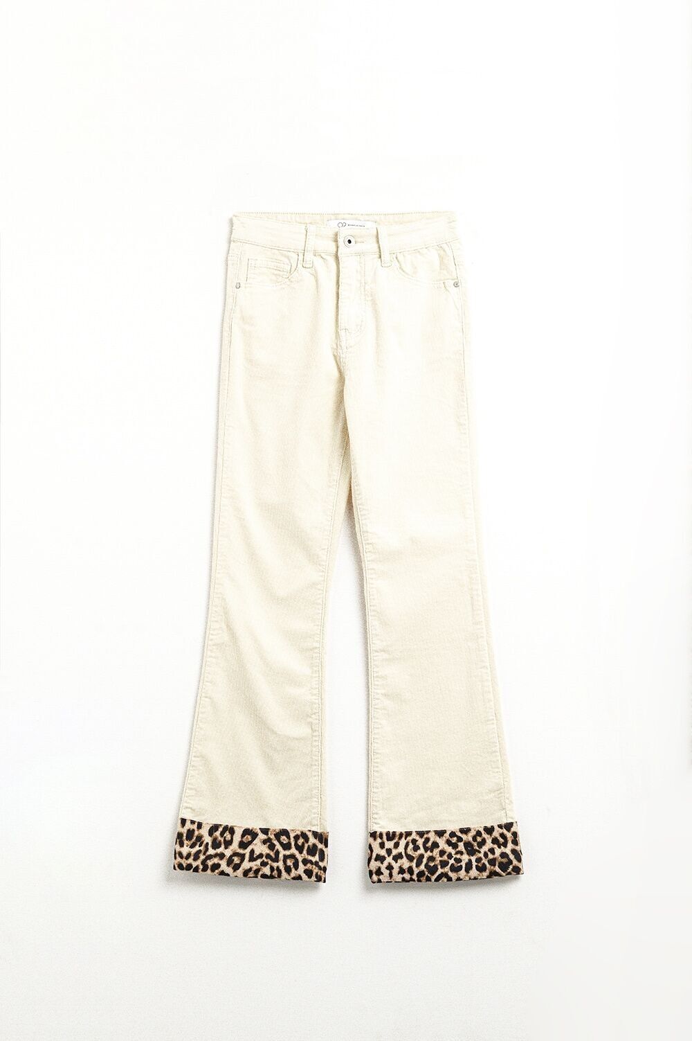 Pantaloni svasati in velluto a coste beige chiaro con stampa leopardata sul fondo