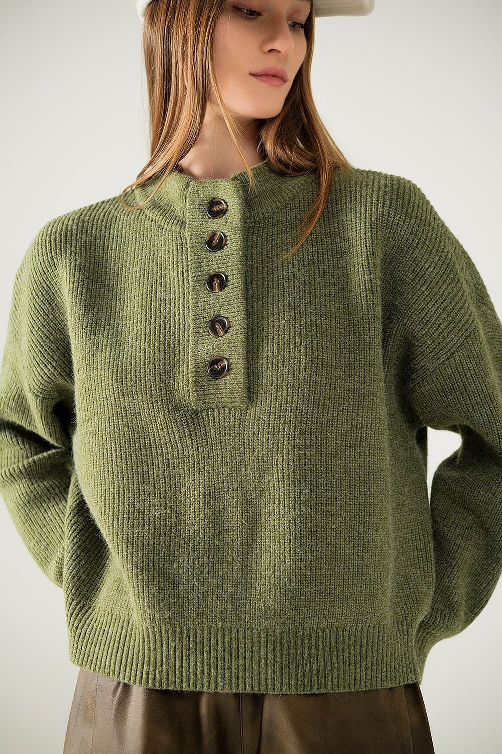 Maglione rilassato con mezza abbottonatura in verde
