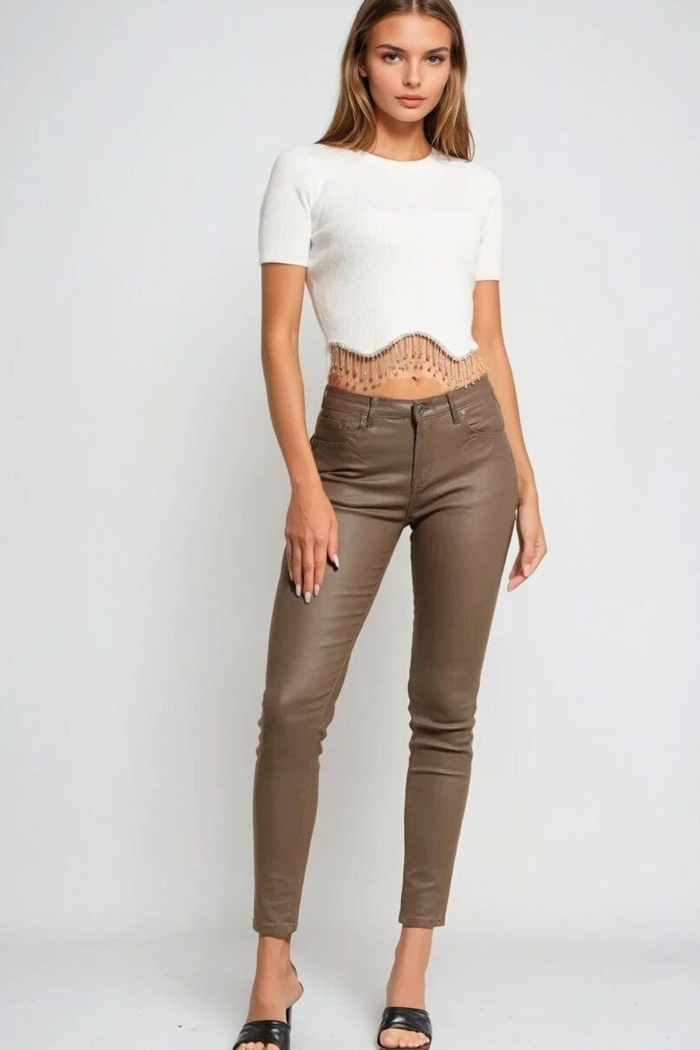 Pantaloni super skinny in similpelle beige
