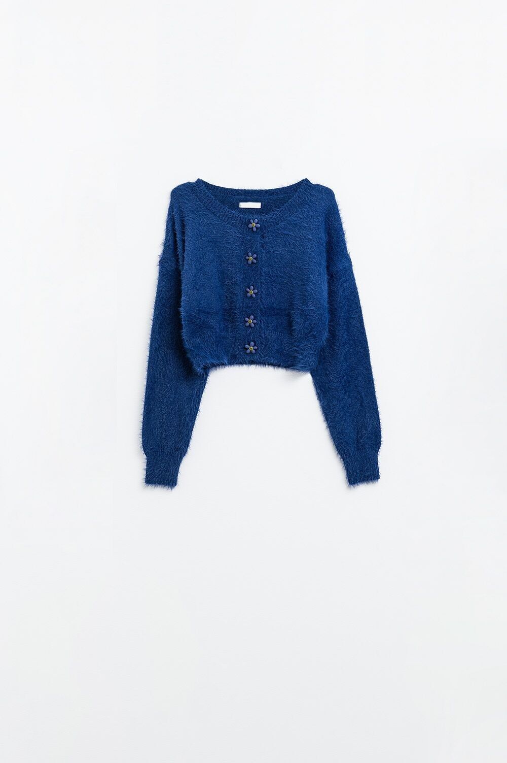 Cardigan blu navy corto e soffice con bottoni a forma di fiore