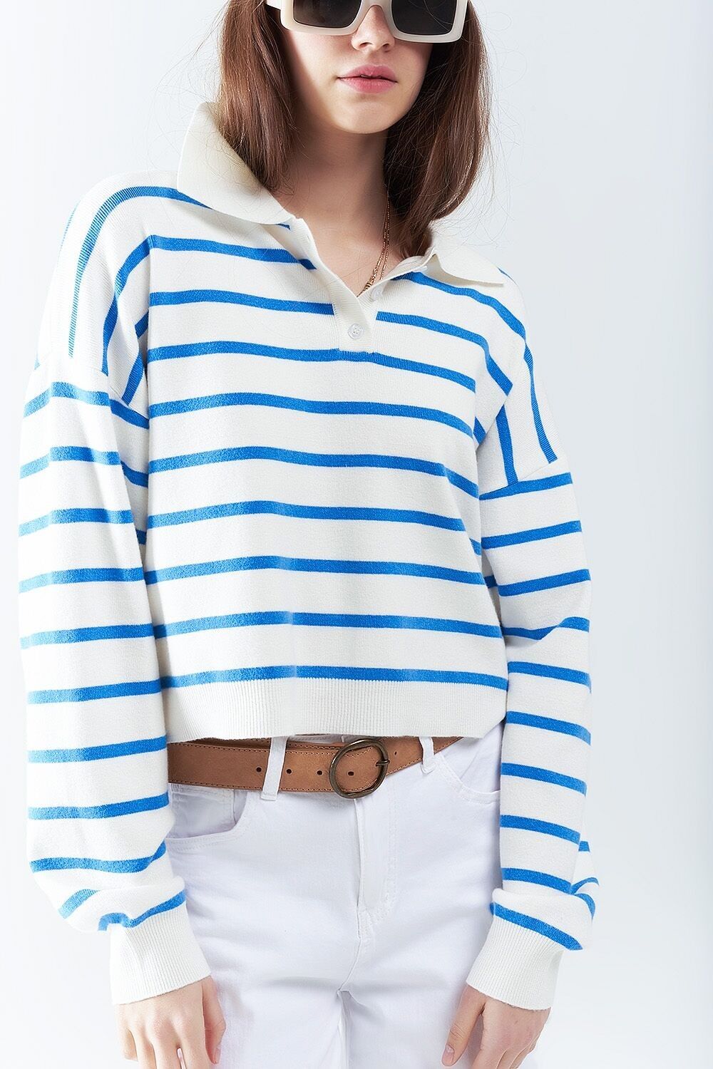 blue striped soft knit polo