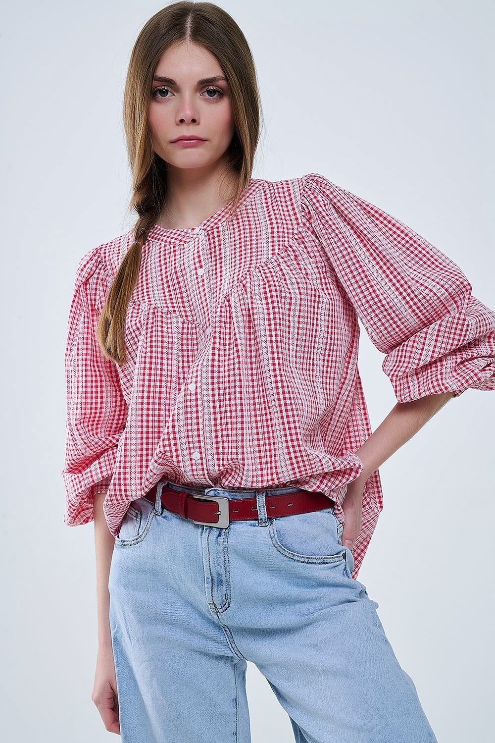 Gingham Red and White Collarless Blouse With Wide Sleeves