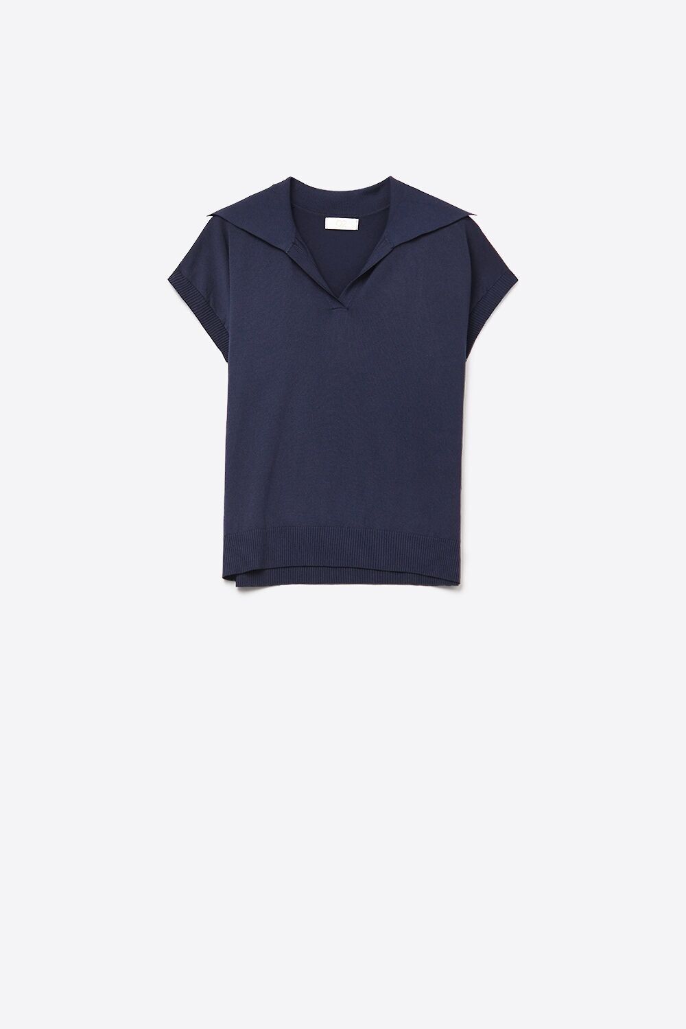 Fine Knit Polo-Style Short Sleeve Top in Navy