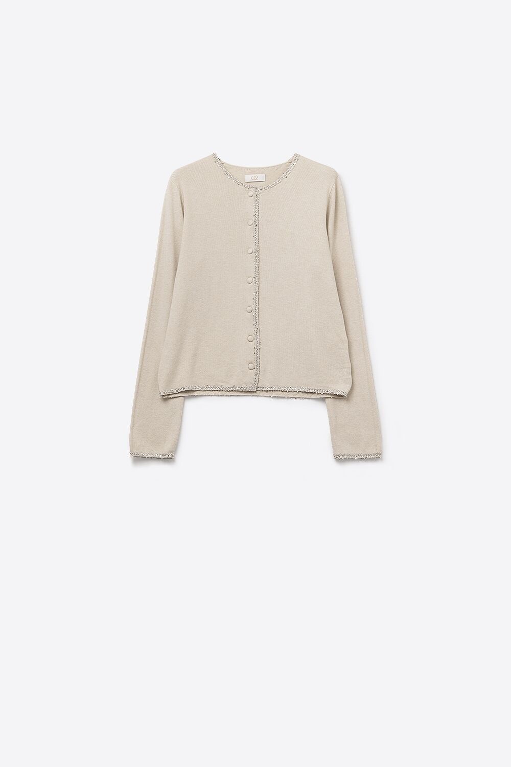 cardigan beige in maglia fine con dettagli in strass