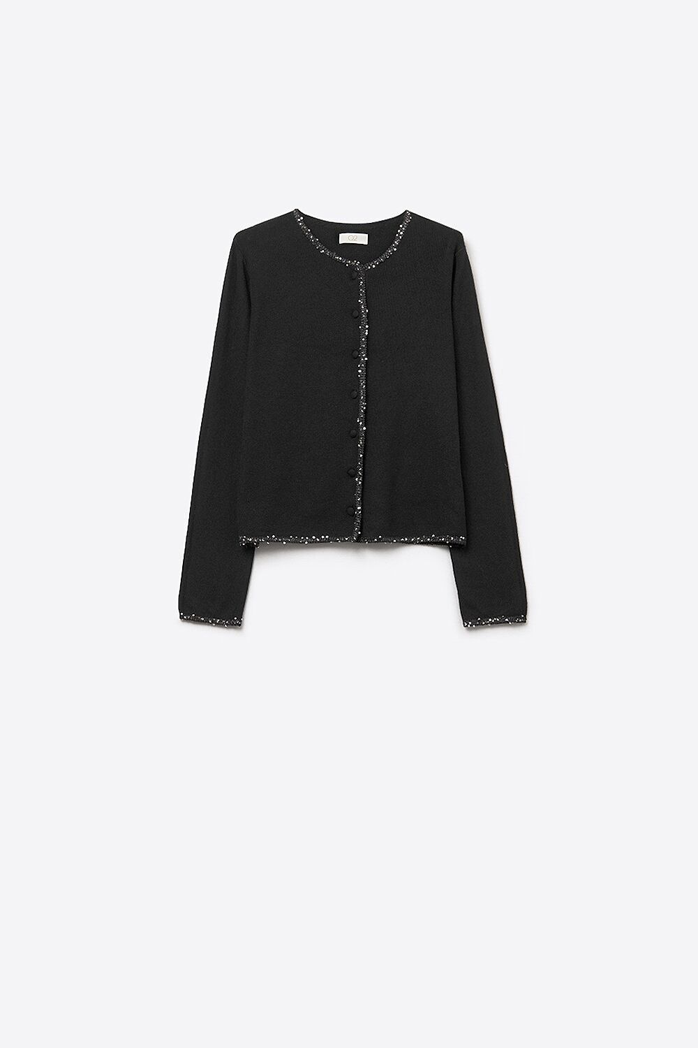 fine knit black cardigan with rhinestone detail