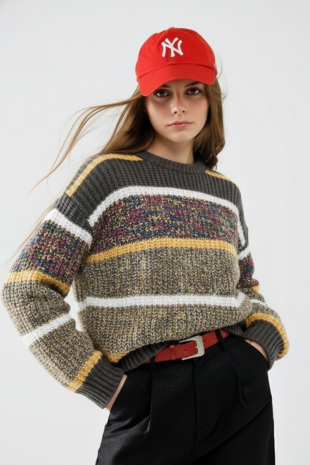 knitted long sleeve sweater in stripe with multiple colors