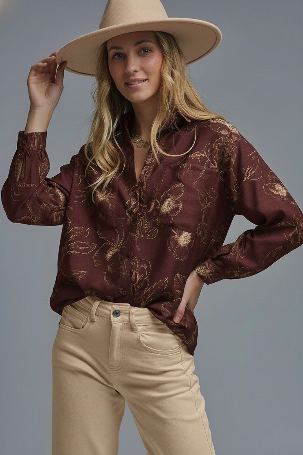 Chemise fluide légère bordeaux à imprimé floral automnal