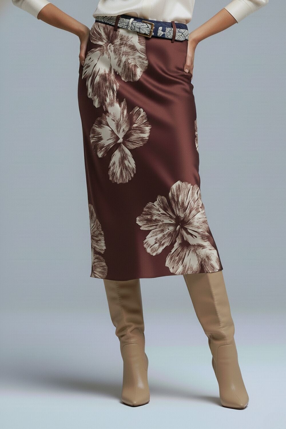 Burgundy Floral Satin Midi Skirt in satin