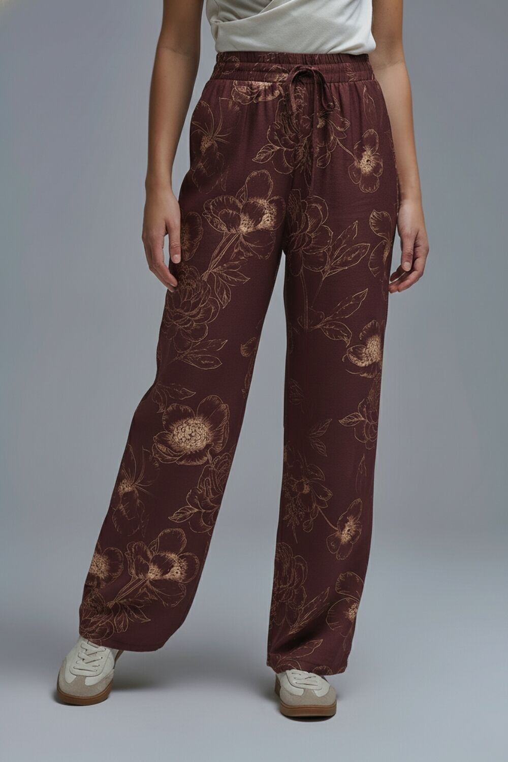 burgundy Light-weight Flowy Pants in Autumnal Floral Print