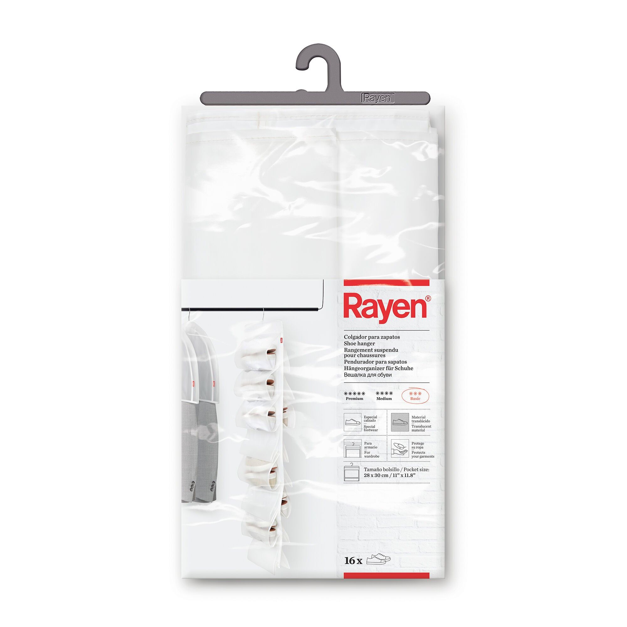Rayen | Schuhaufhänger | Basic-Serie | Schuhregal für den Kleiderschrank | Für bis zu 16 Schuhe | Transparent | Maße: 131 × 33 cm