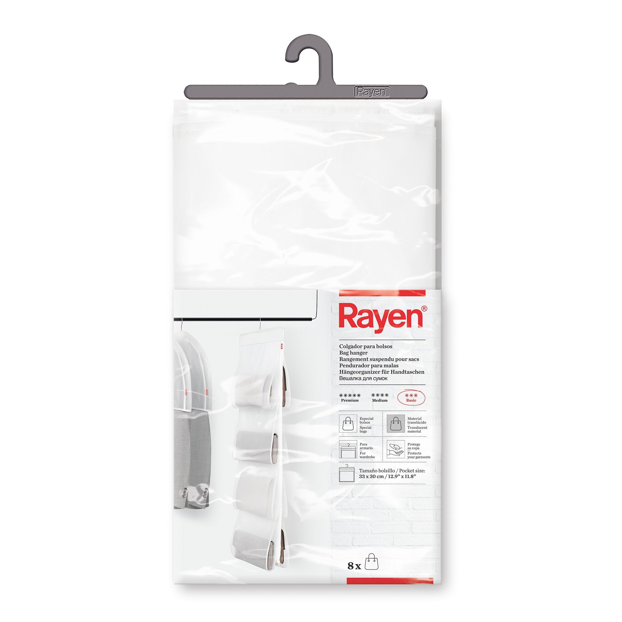 Rayen | Handtaschenaufhänger | Speziell für Handtaschen | Schützt Ihre Taschen | Für Kleiderschränke | Transparent | Basisserie | 122 × 33 cm