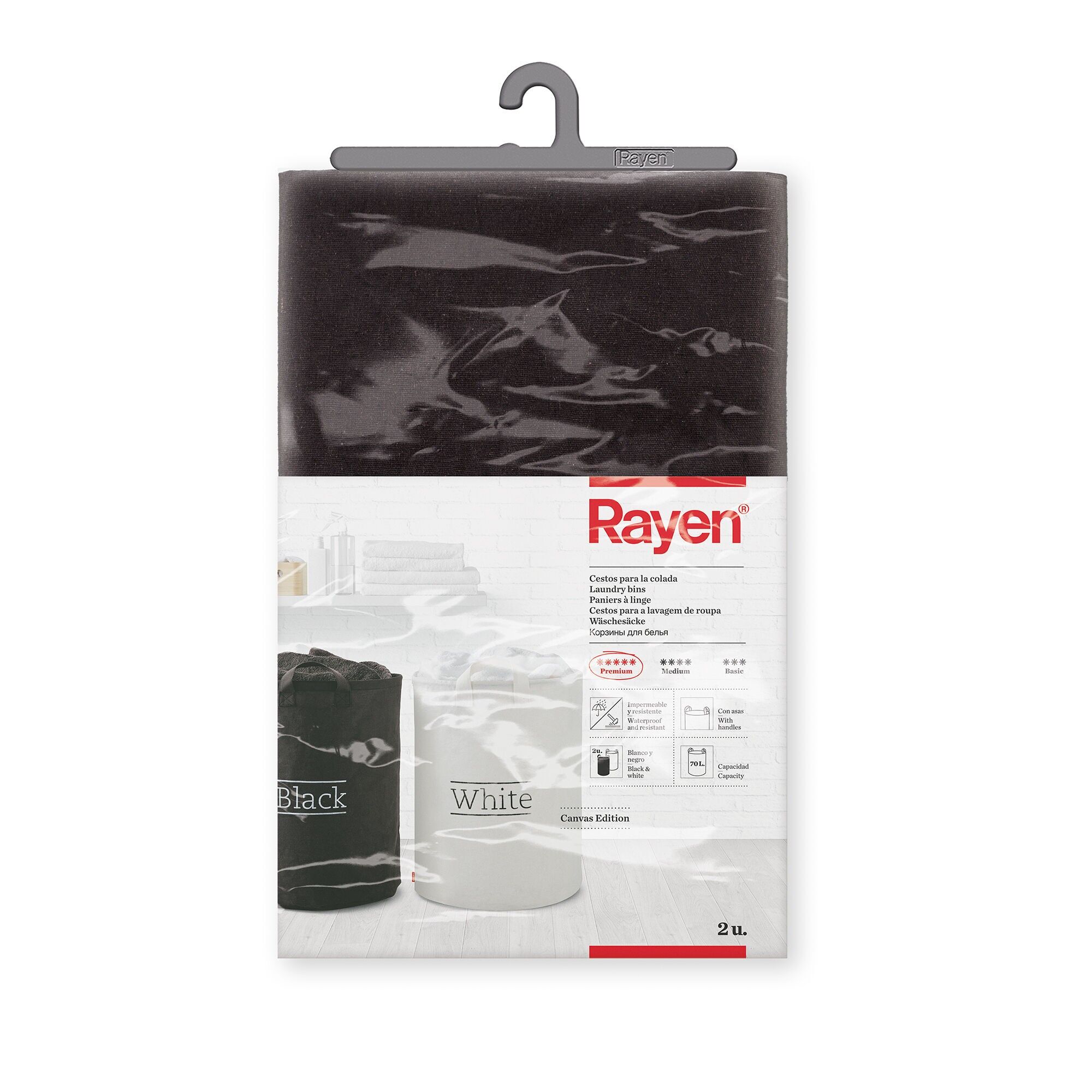 Rayen | Wäschekörbe | Wasserdicht und robust | Mit Griffen | 70 l Fassungsvermögen | Farben: Weiß und Schwarz | 2er-Pack | Maße: 55 × 40 cm