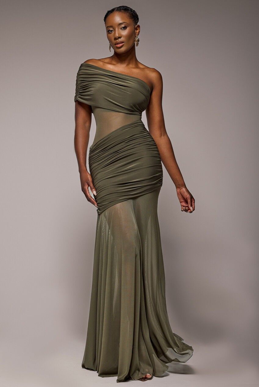 Goddiva Maxikleid mit Raffung, One-Shoulder-Ausschnitt und transparentem Einsatz DR4828