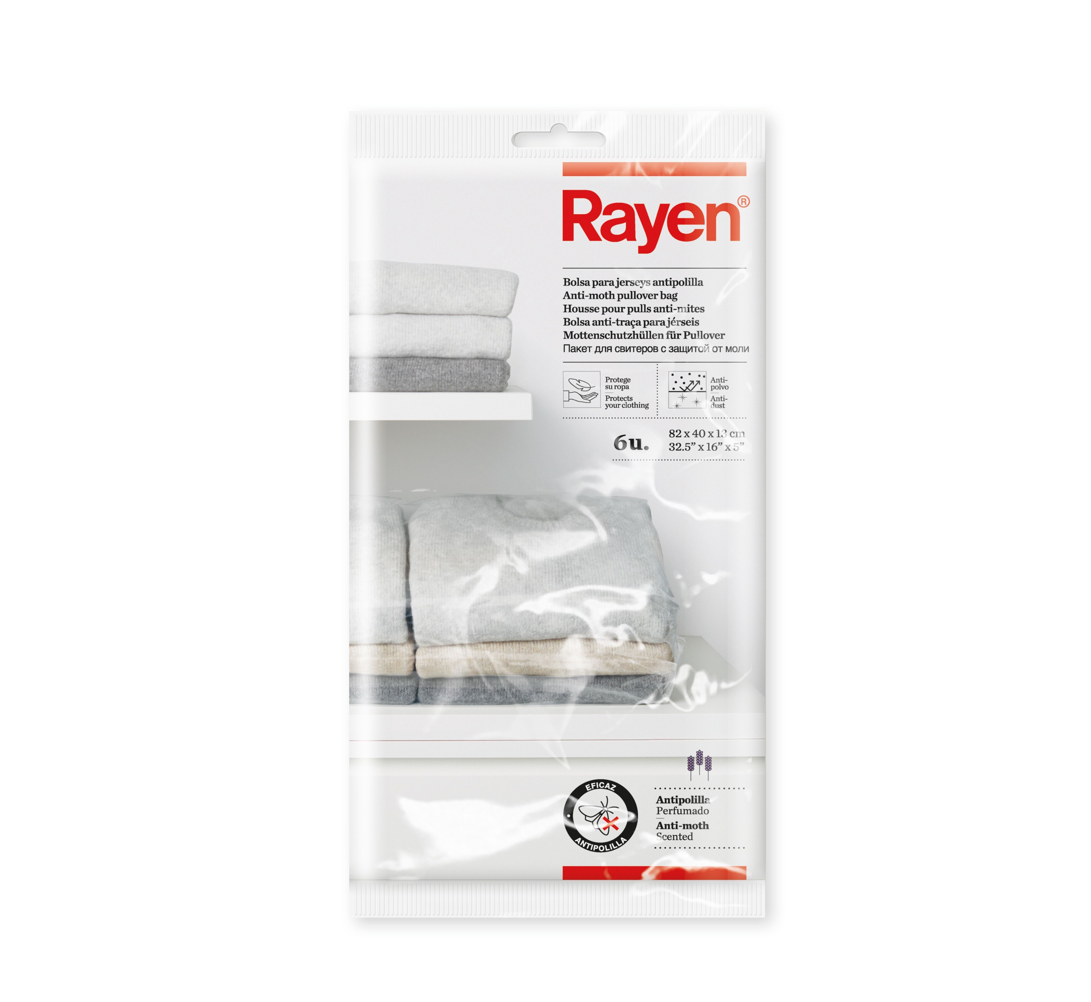 Rayen | 6 sacs en jersey antimites | Polyéthylène | Transparent | Dimensions : 82 × 40 × 13 cm