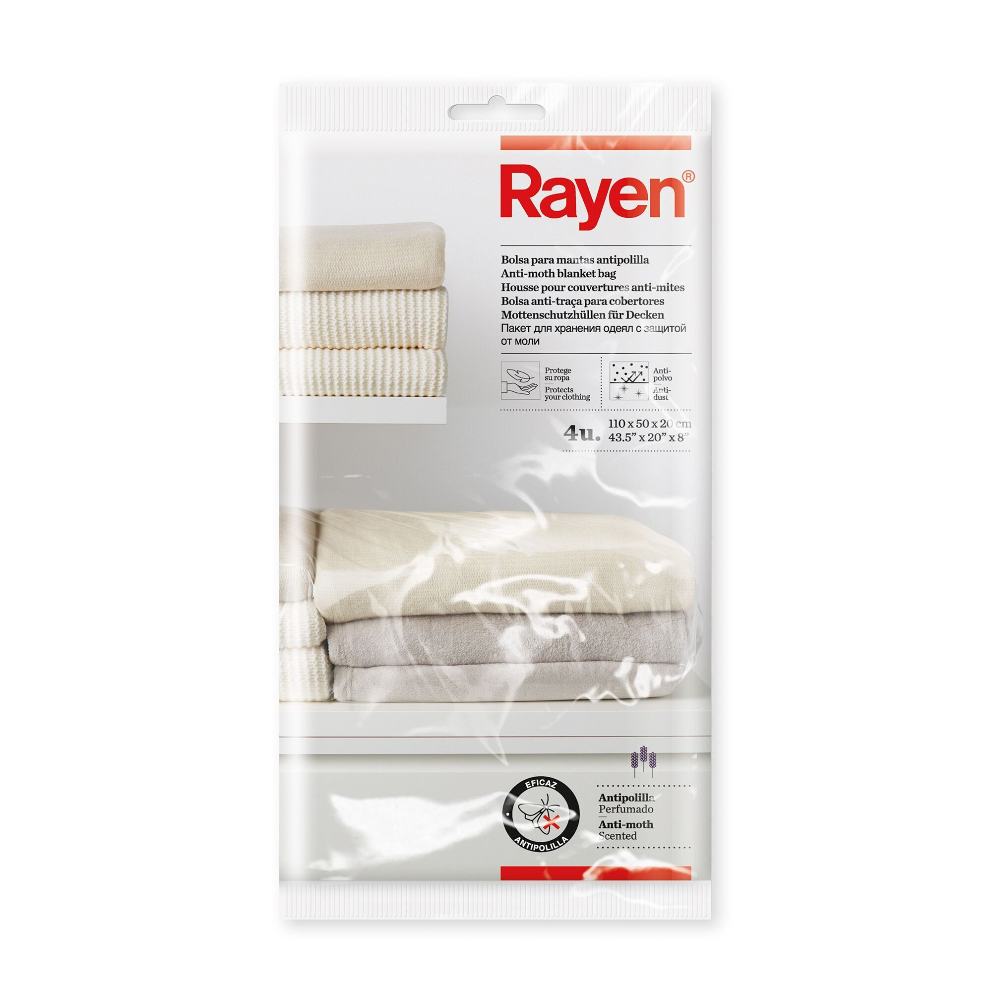 Rayen | Mottenfreie Deckenbeutel | Duftend | Staubdicht | Schützt Ihre Bettwäsche und Decken | 4er-Pack | 110 × 50 × 20 cm