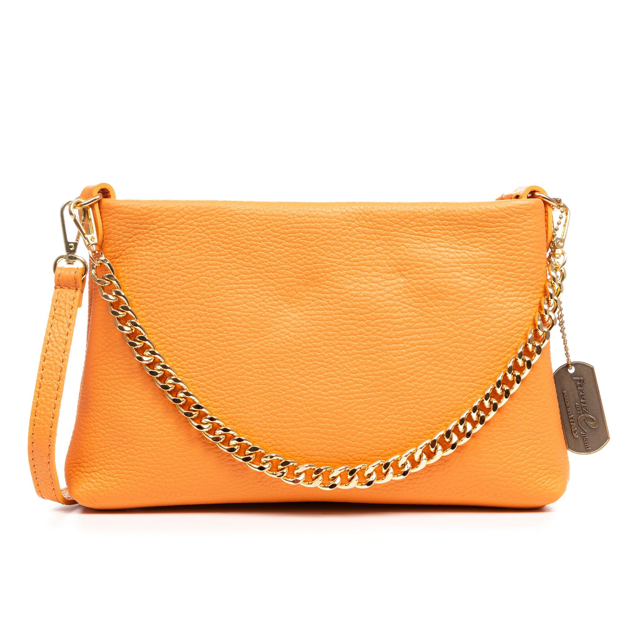 Borsa a tracolla da donna Angri.Vera pelle con finitura Dollaro. Colore: Arancione chiaro.