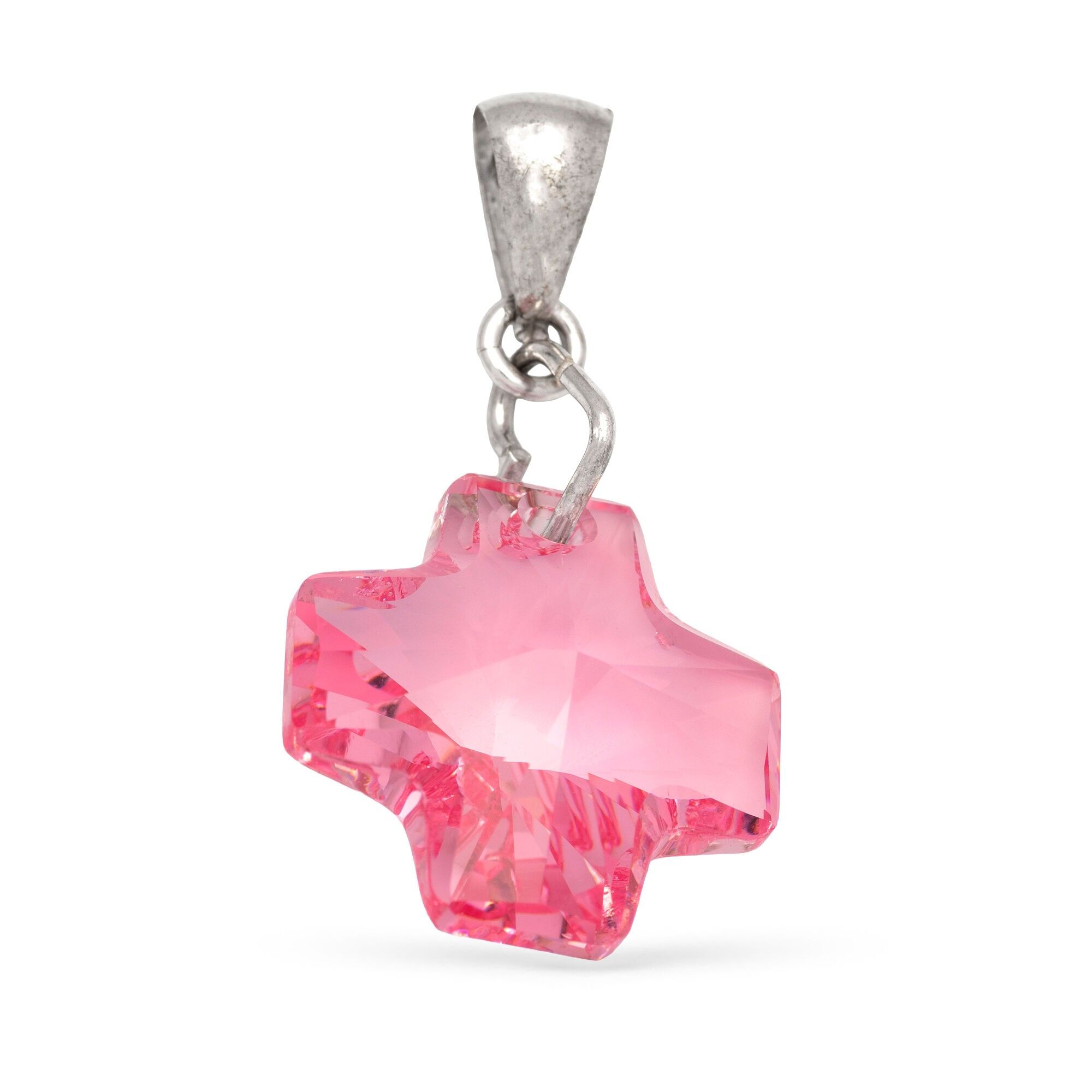 Pendentif en argent sterling 925. Croix ornée d'une pierre précieuse naturelle.Crochet imprimé en forme de cœur. Couleur : argent/rose