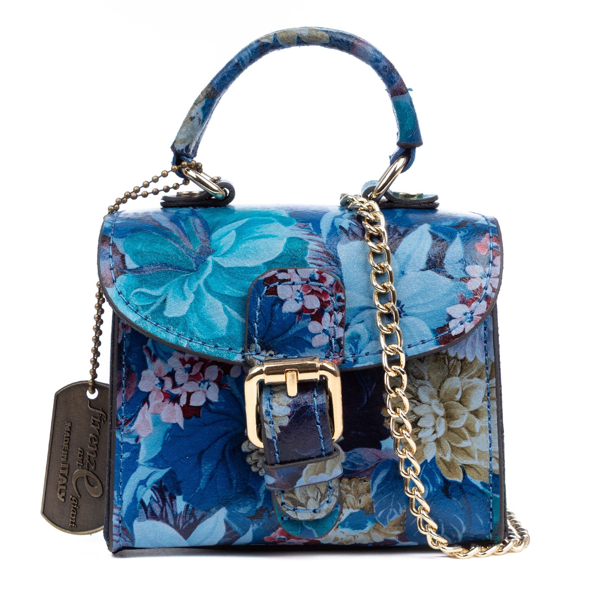 Mini borsa a mano e tracolla da donna Annicco. Vera pelle con finitura Ruga e stampa floreale.Colore: blu