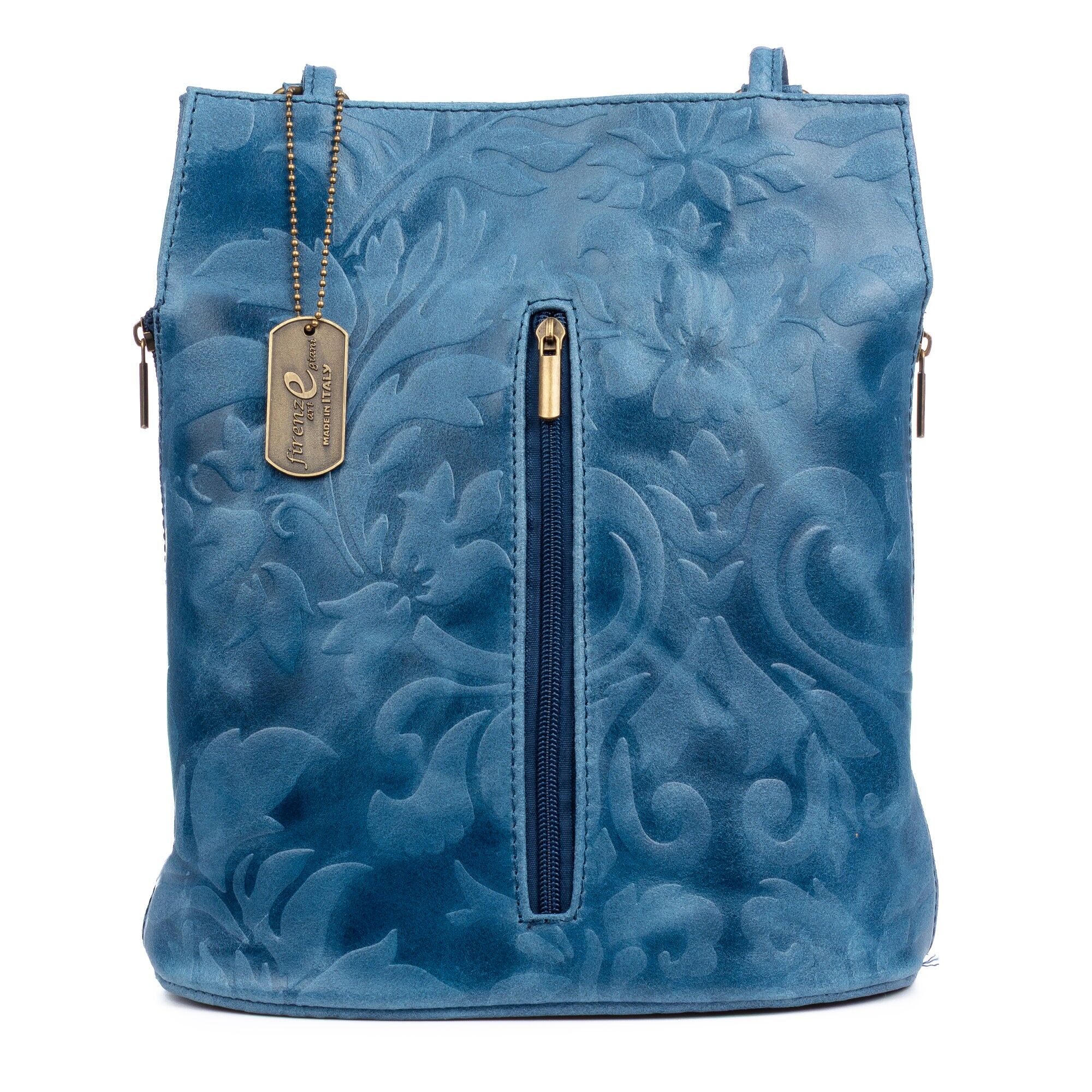 Borsa a tracolla da donna Archi. Fiori incisi in vera pelle con finitura scamosciata.Colore: blu navy