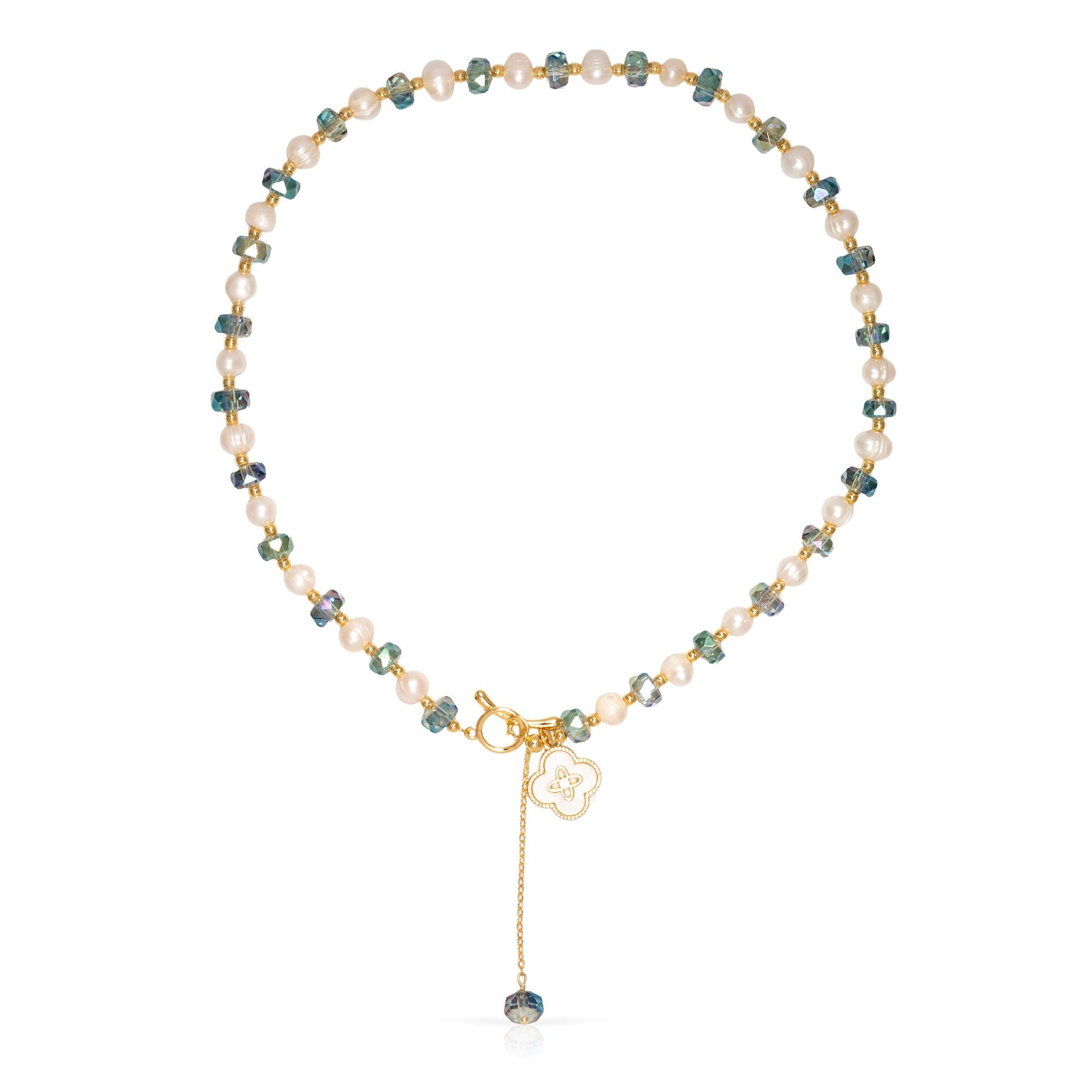 Collana con ciondolo a forma di quadrifoglio, perle di cristallo blu e perle naturali. Colore:Multicolore