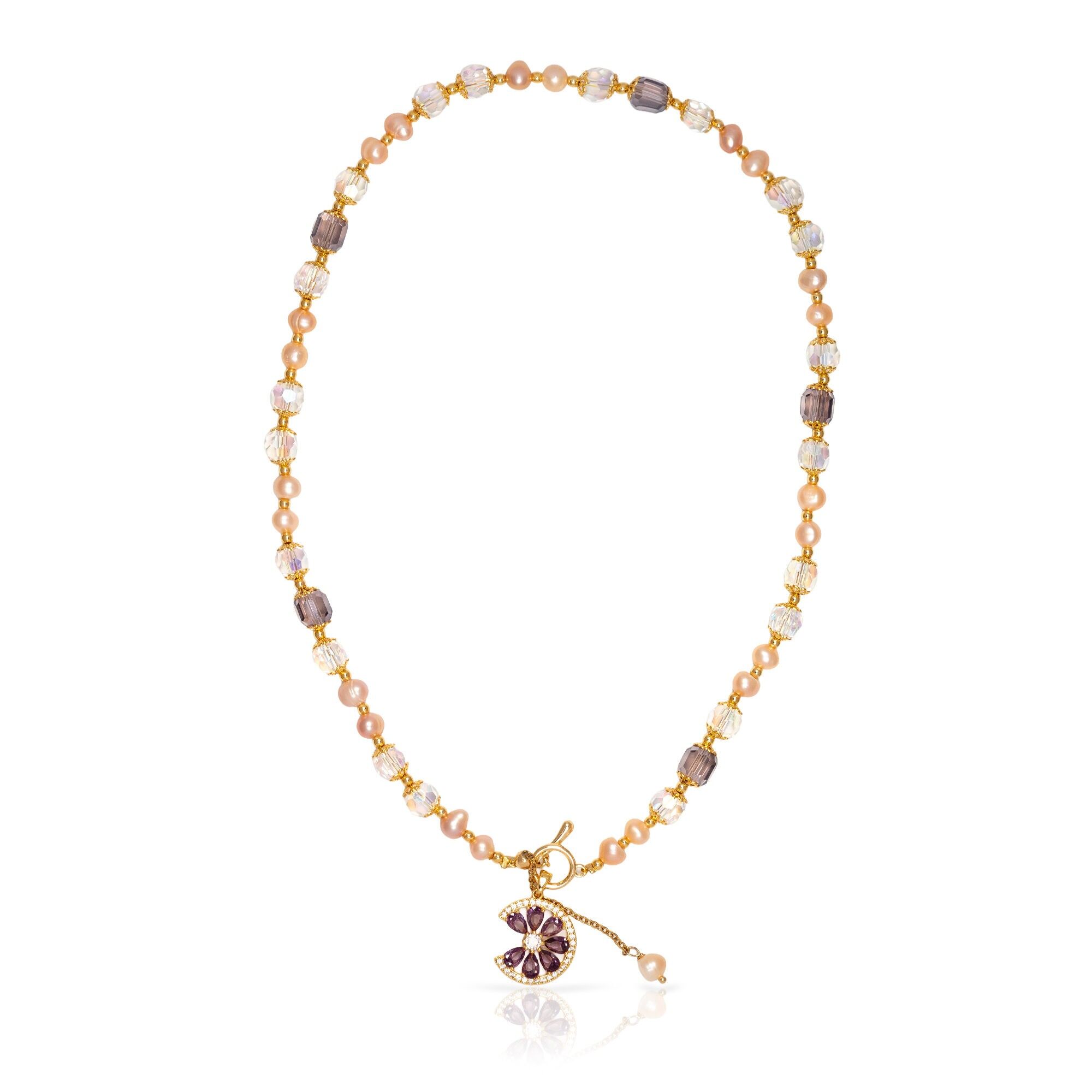 Collana con pendente a forma di margherita, zirconi cubici multicolori, cristalli scintillanti bifacciali e perle naturali. Colore:Multicolore